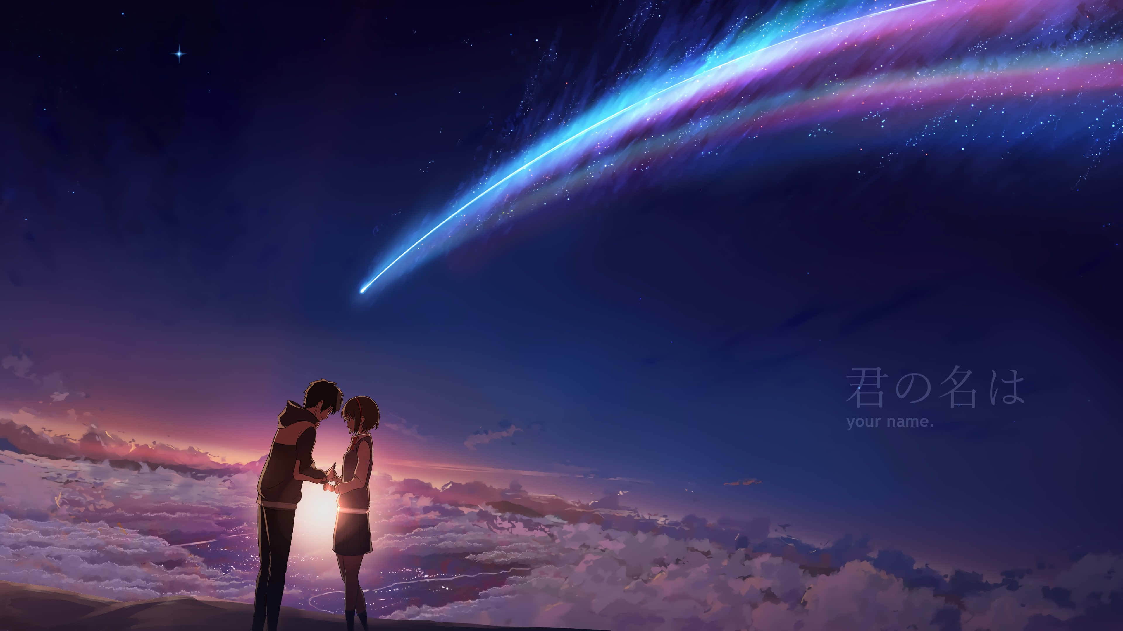 clean anime, clouds, glowing cosmic streak, 4K Desktop Wallpaper