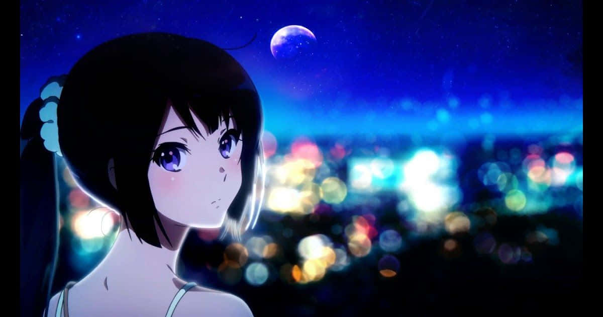 Anime girl, purple eyes, glowing moon, SD Desktop Wallpaper