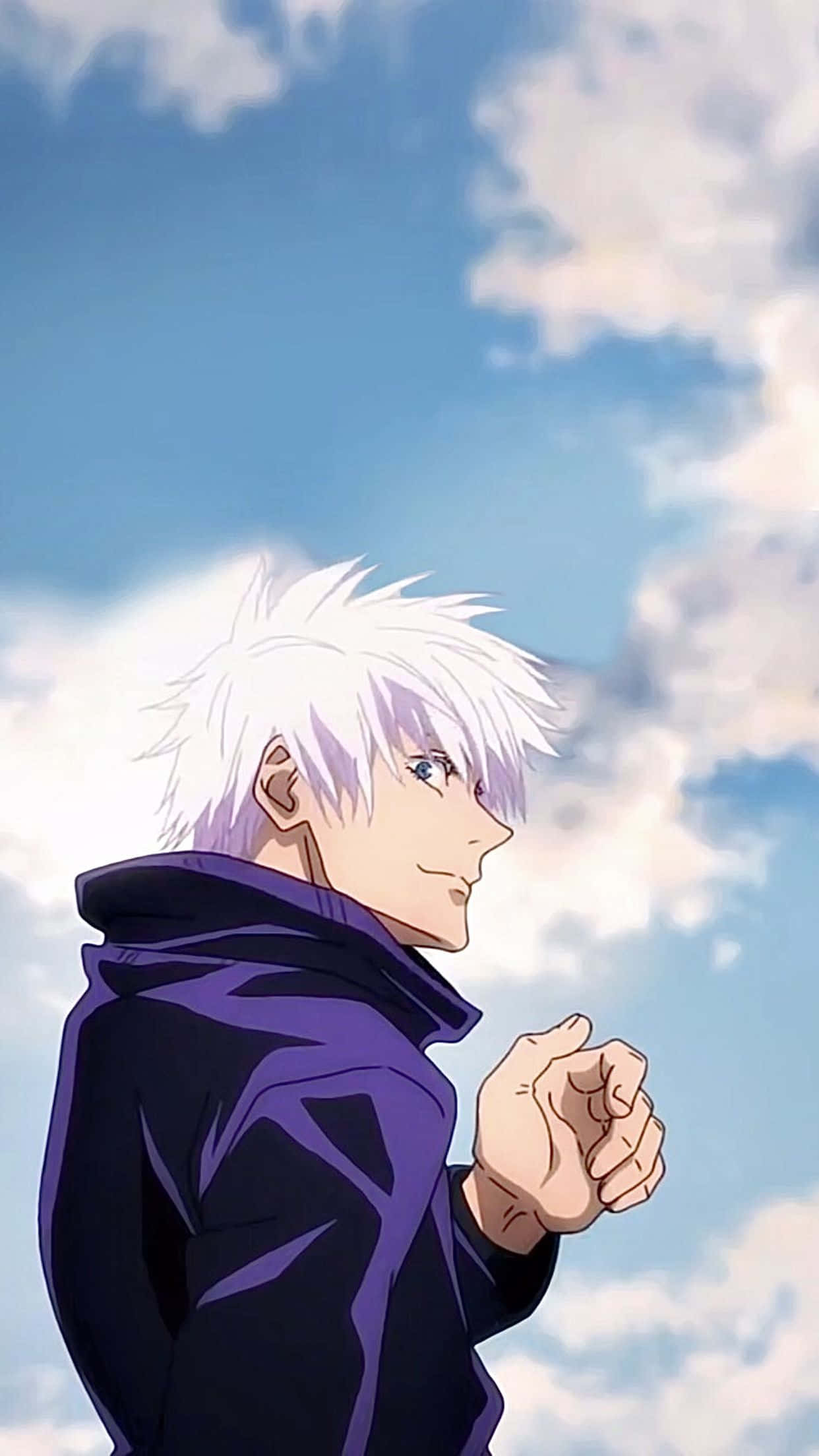 white-haired anime boy, purple hoodie, bright blue sky, Full HD Phone Wallpaper