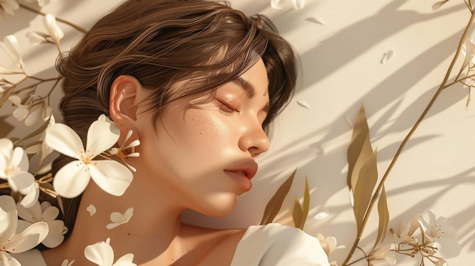 Tranquil Beauty Sunlit Floral Slumber, white blossoms, dappled sunlight, Full HD Desktop Wallpaper