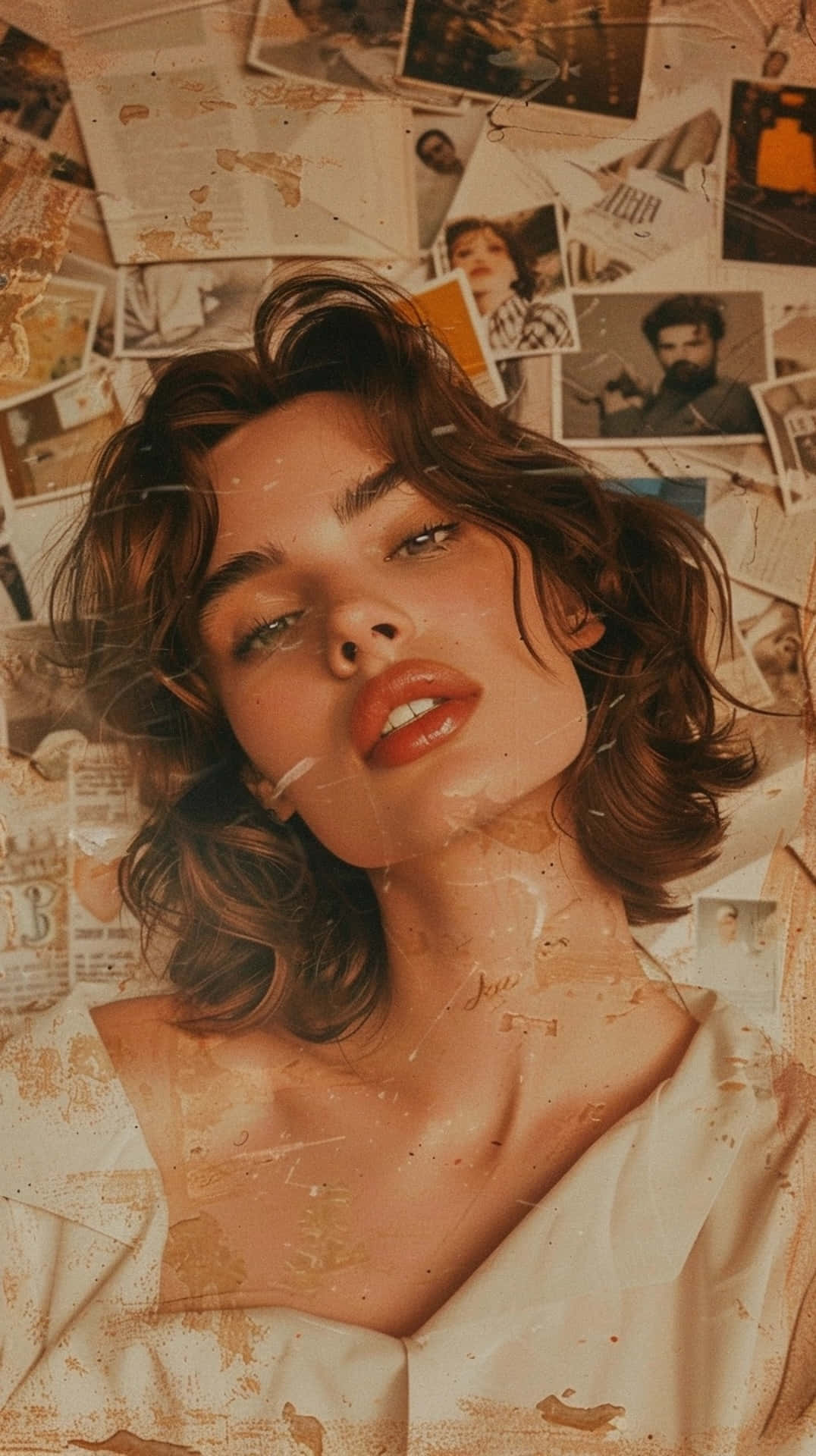 vintage glamour portrait, wavy brown hair, red lips, Full HD Phone Wallpaper