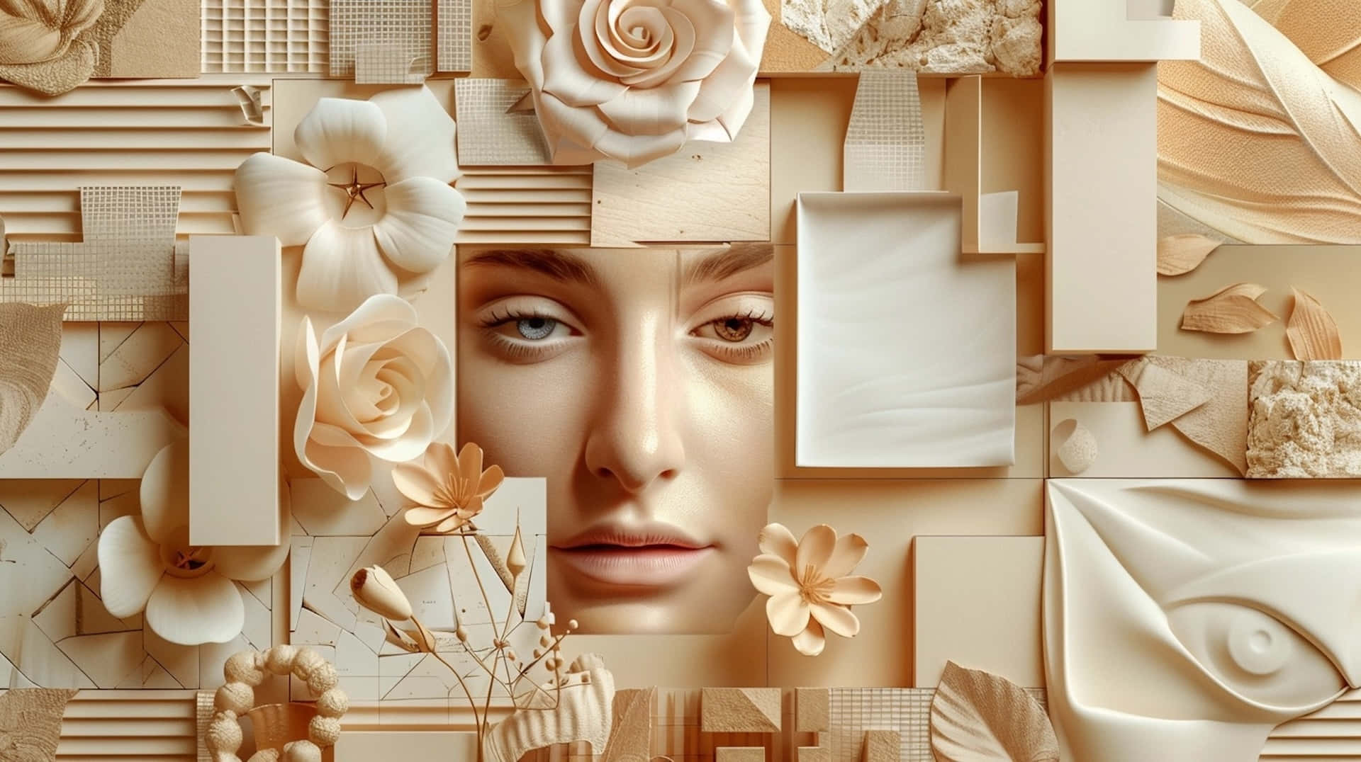 Clean Girl Aesthetic, beige paper flowers, geometric shapes, Full HD Desktop Wallpaper