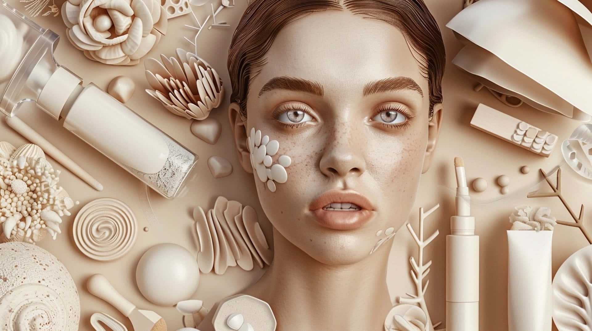 Clean Beauty Aesthetic Composition, beige-toned skincare products, serene woman with freckles and blue eyes, Full HD Desktop Wallpaper