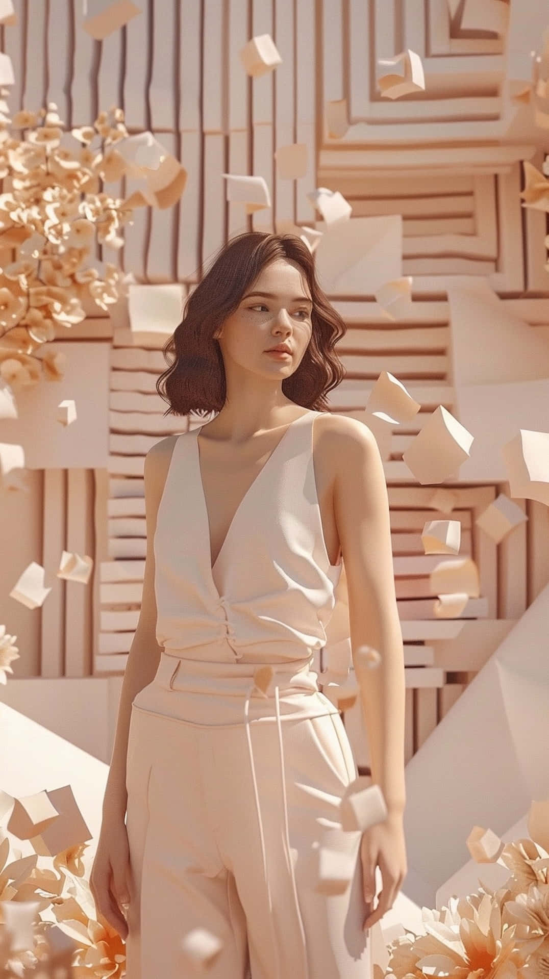 Clean Girl Aesthetic, beige ensemble, floating geometric shapes, Full HD Phone Wallpaper