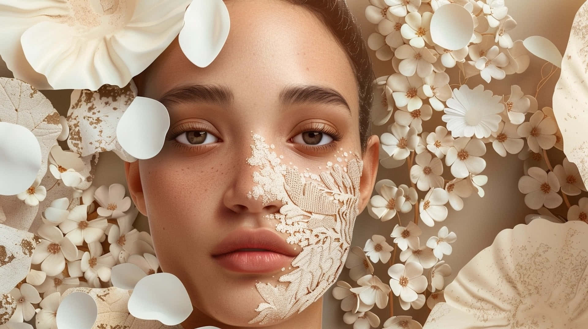 floral face art, delicate white flowers, lace patterns, Full HD Desktop Wallpaper