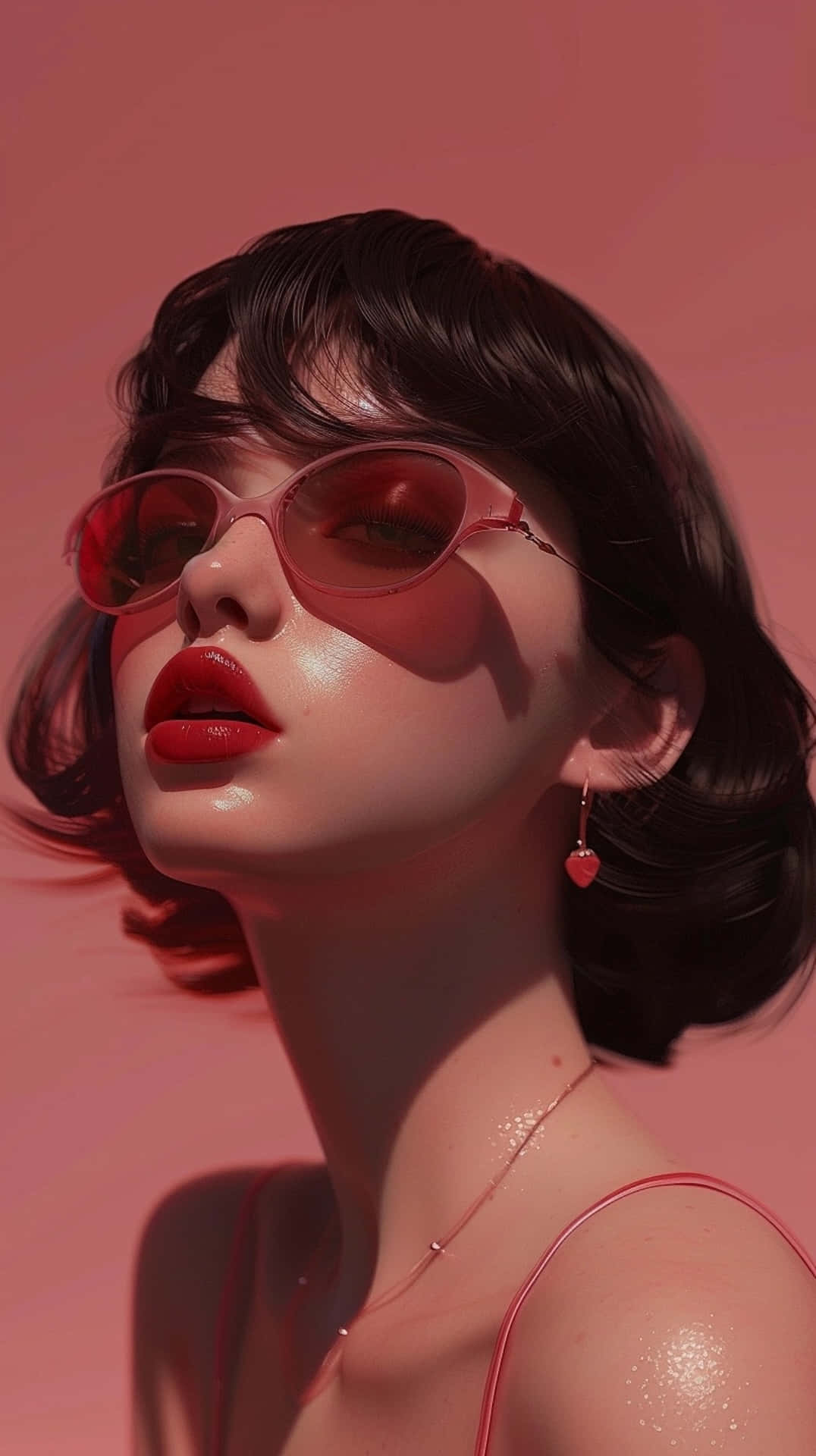 retro red aesthetic woman, dark bob hair, red lipstick, Full HD Phone Wallpaper