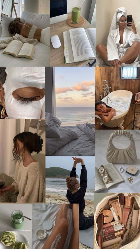 Clean Girl Aesthetic, reading in bed, beach yoga, SD Phone Wallpaper