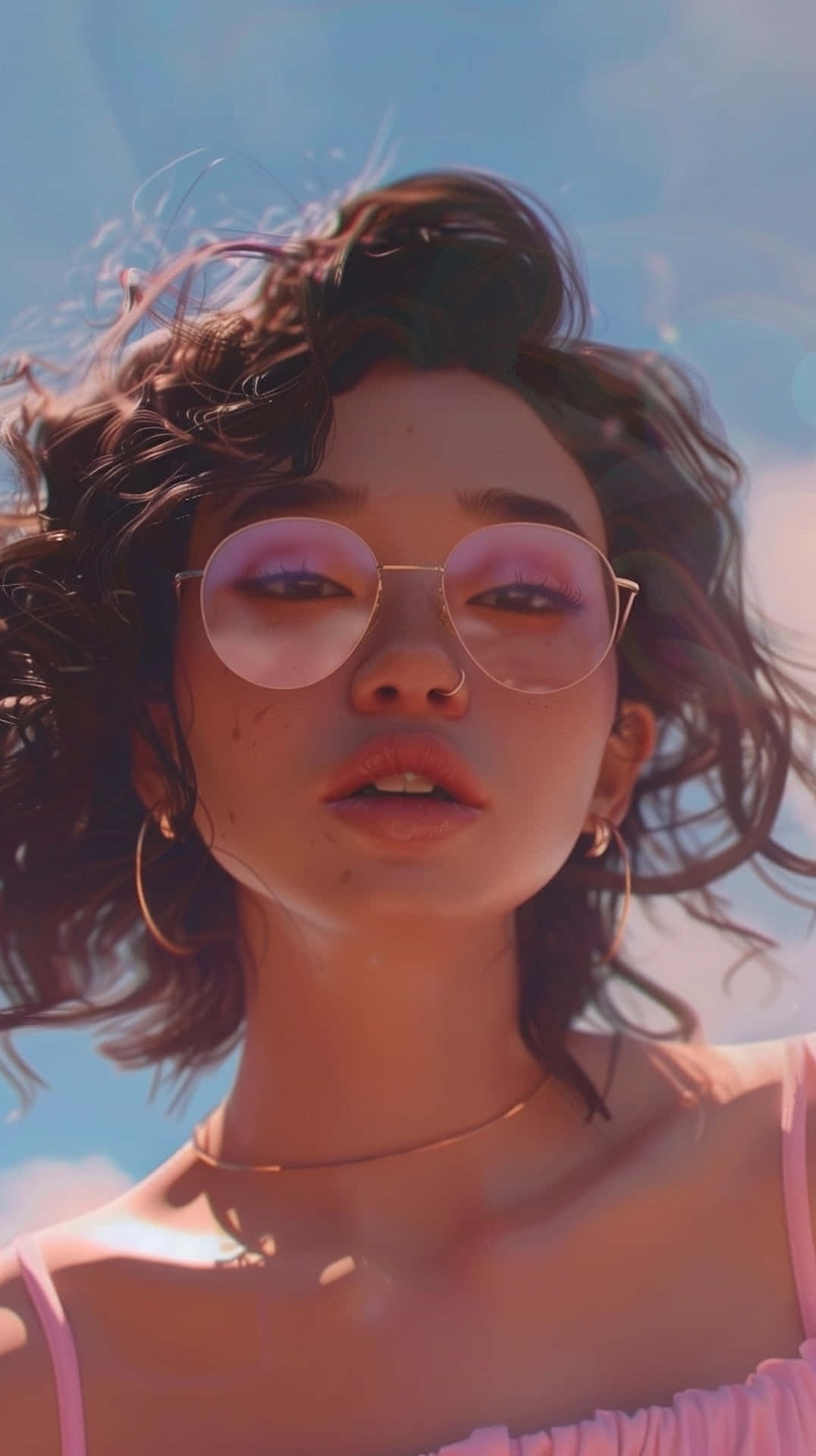 sunkissed portrait, rose tinted glasses, curly hair, Full HD Phone Wallpaper