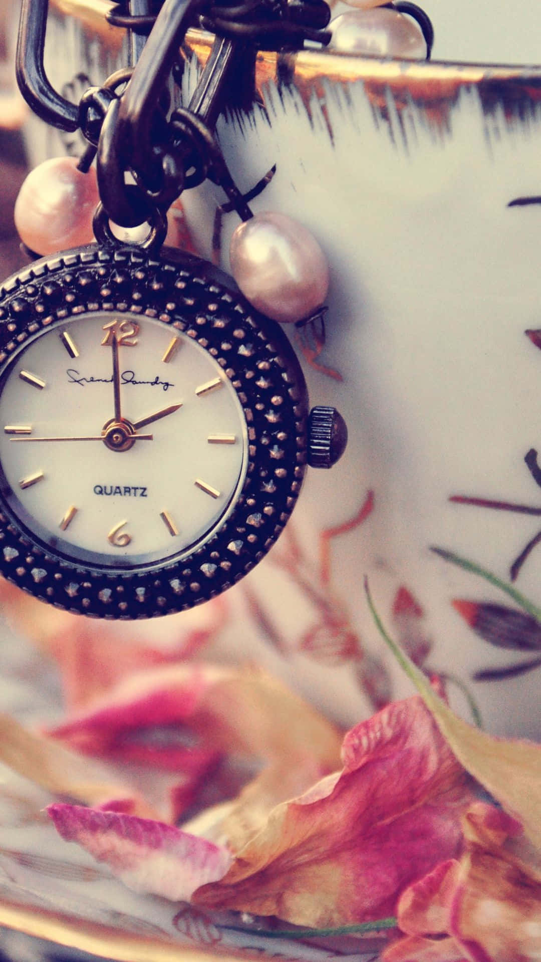 vintage pocket watch, pearl charms, floral teacup, Full HD Phone Wallpaper