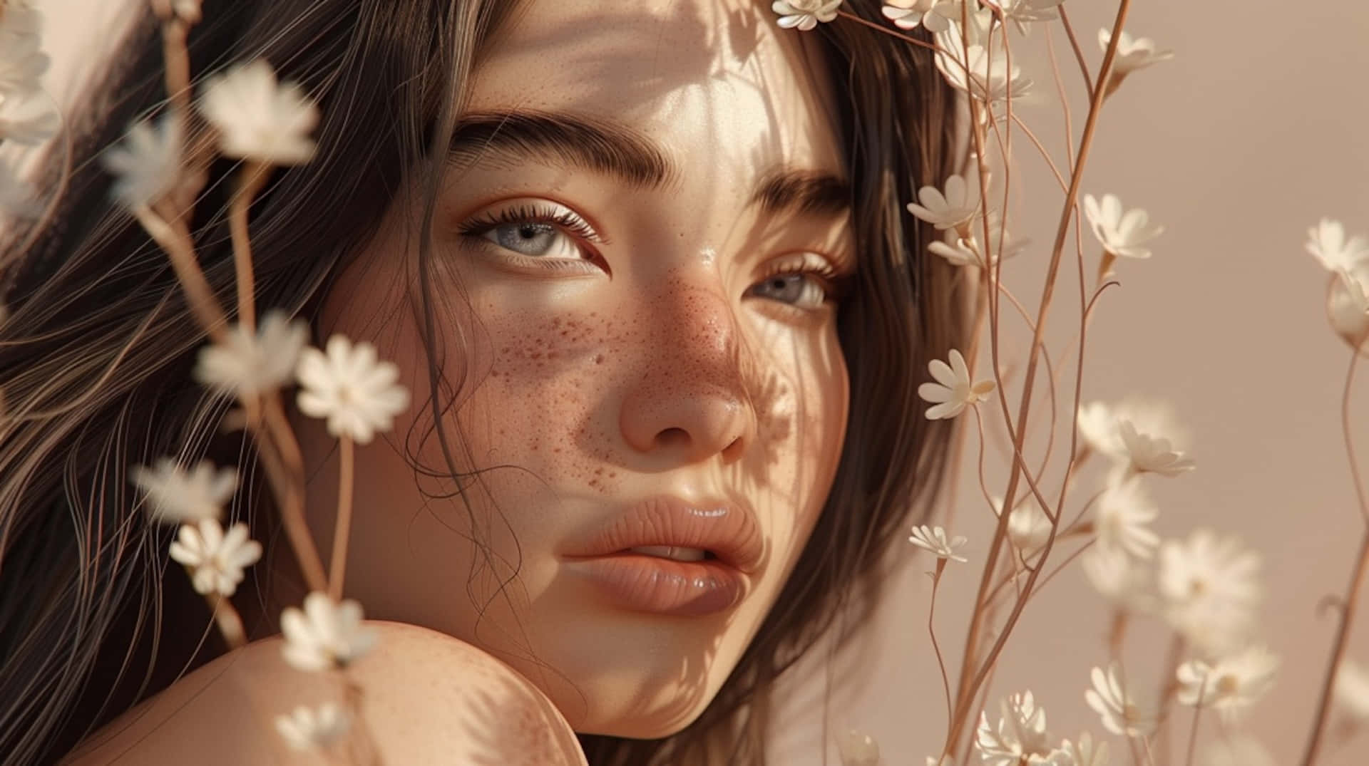 Clean Girl Aesthetic, freckled woman, blue eyes, Full HD Desktop Wallpaper