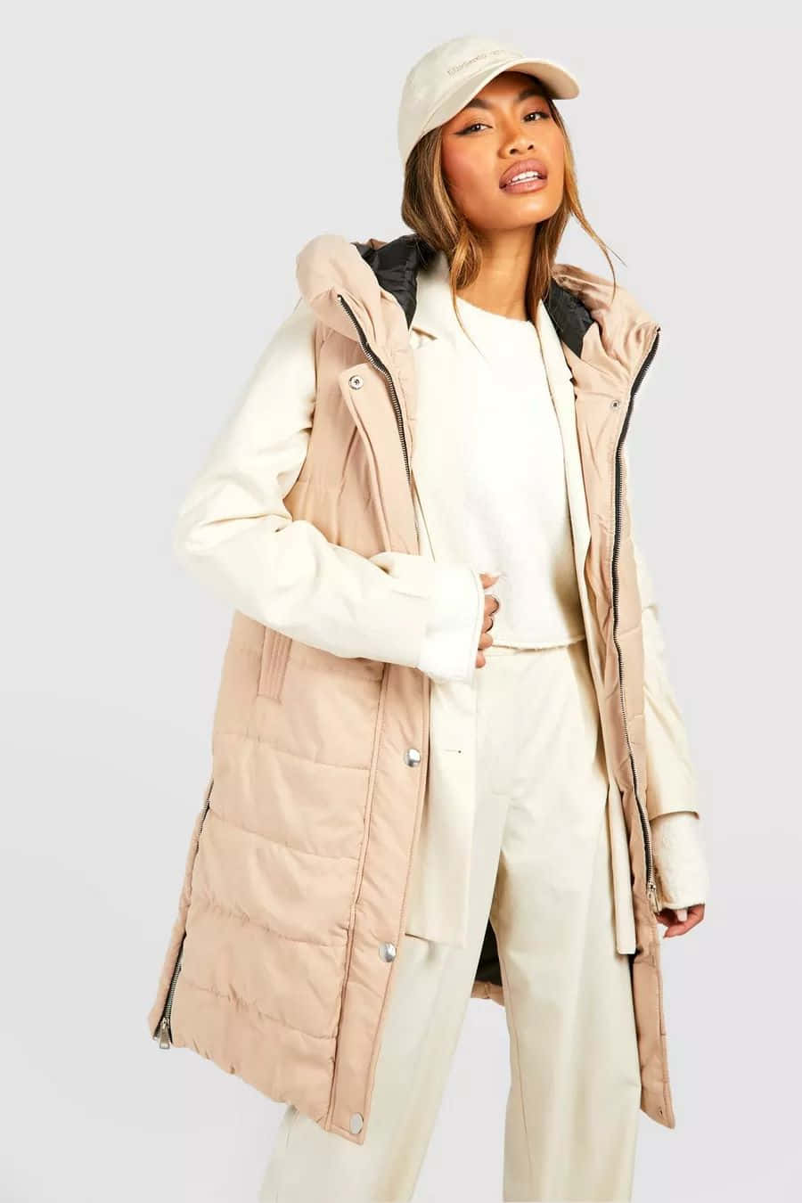 beige puffer vest, white hoodie, white pants, HD Phone Wallpaper