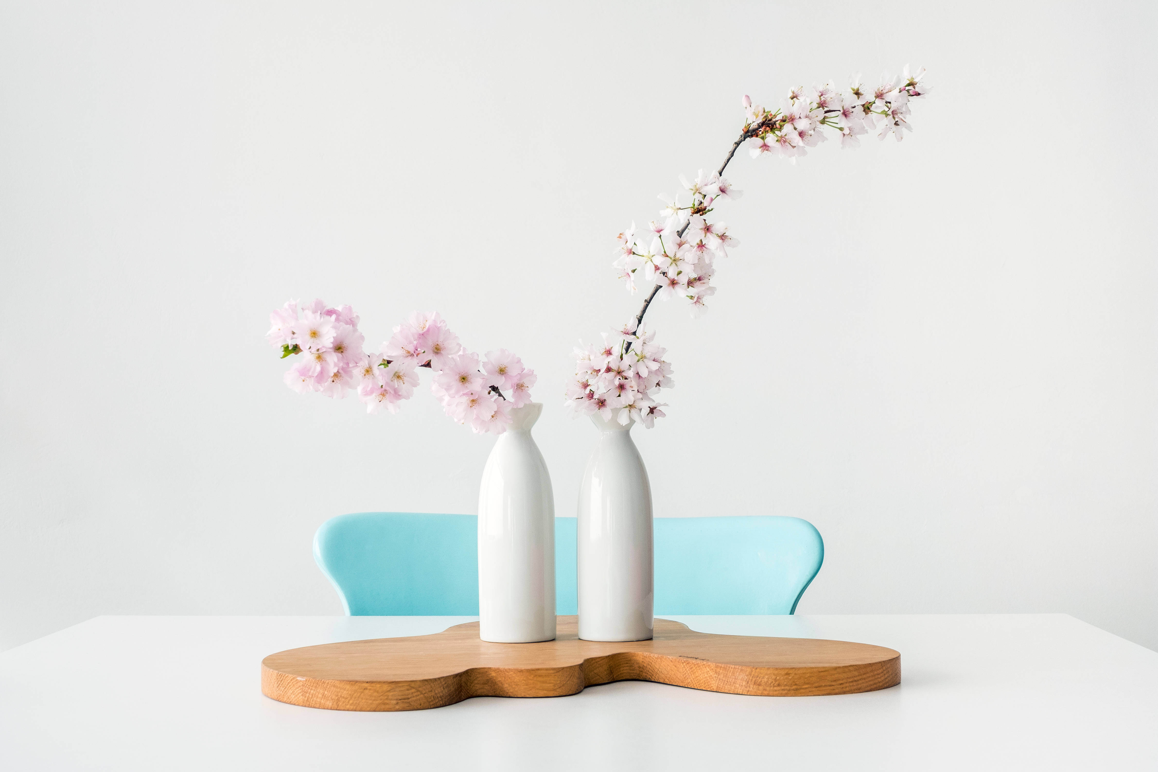 pastel goth, white vases, pink cherry blossom branches, 4K Desktop Wallpaper