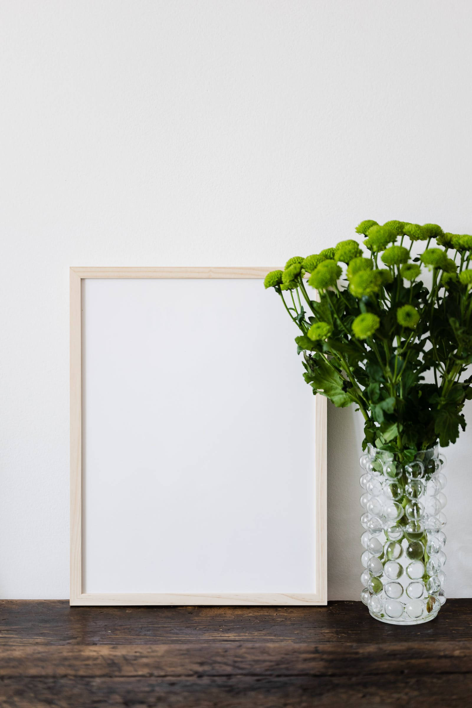 minimalist wooden picture frame, glass vase, bright green chrysanthemums, Full HD Phone Wallpaper