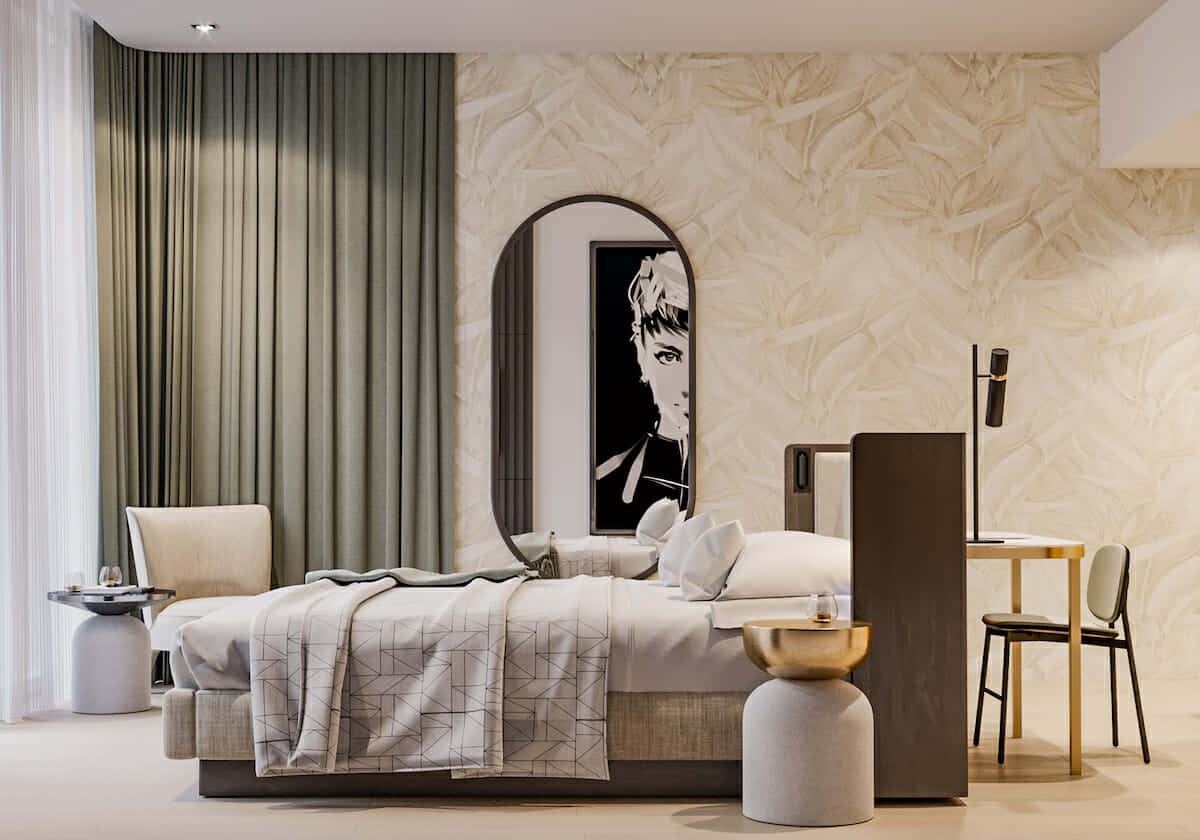 abstract leaf-patterned wallpaper, black-and-white portrait, arched mirror, SD Desktop Wallpaper