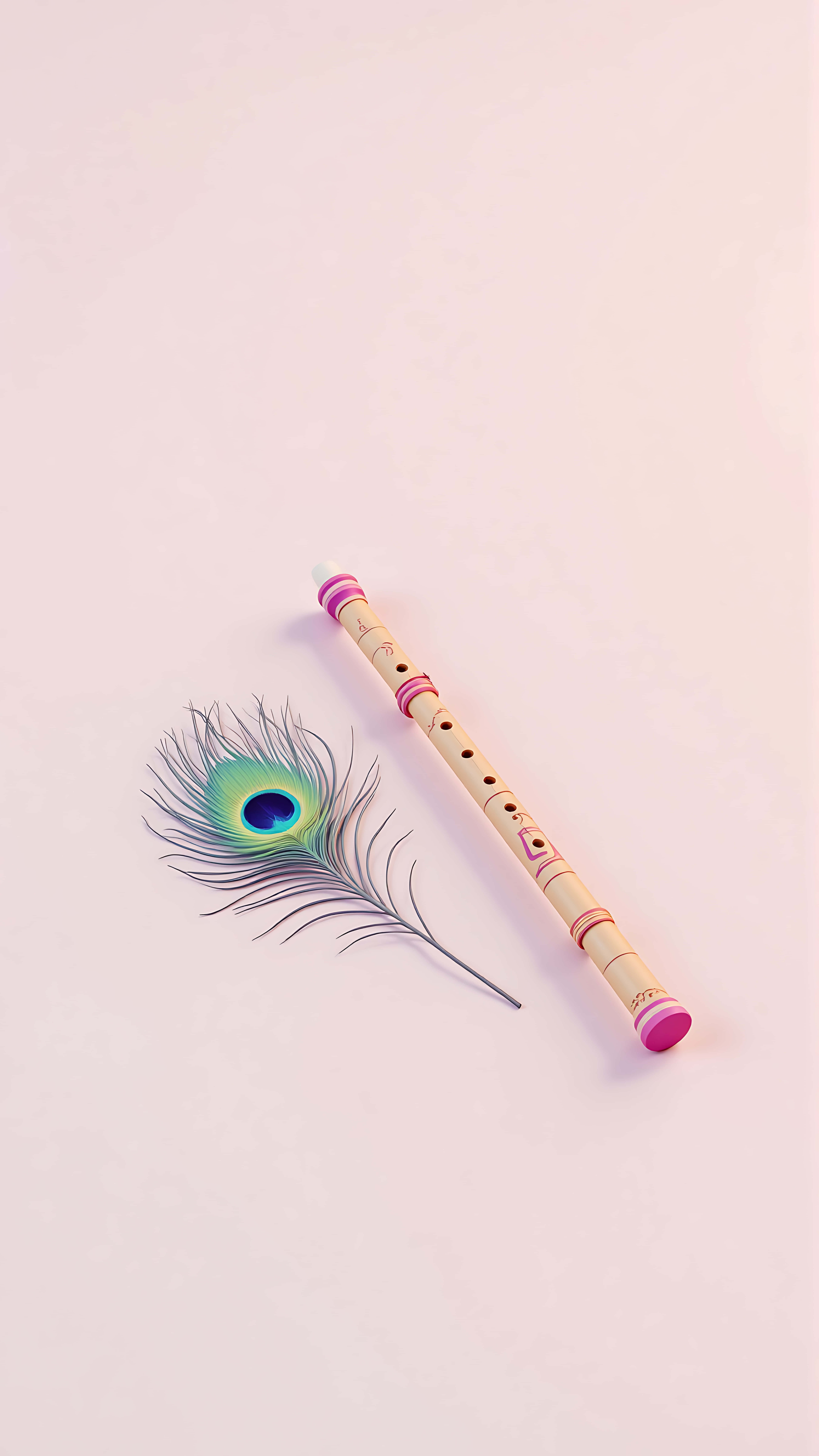 minimalist 3d flute, peacock feather, pink background, 8K Phone Wallpaper