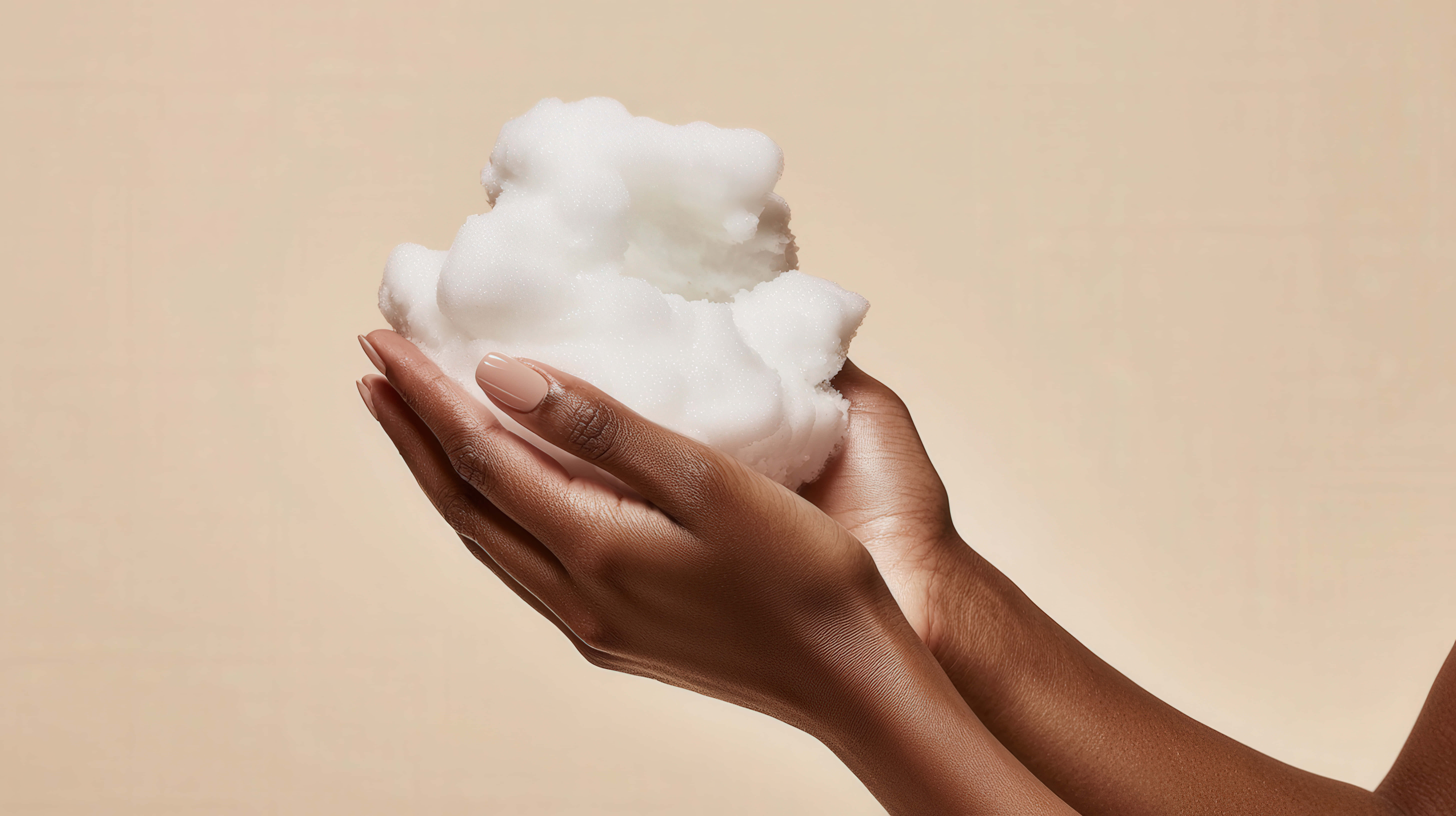soft fluffy white cloud, warm beige background, hands cradling, 8K Desktop Wallpaper