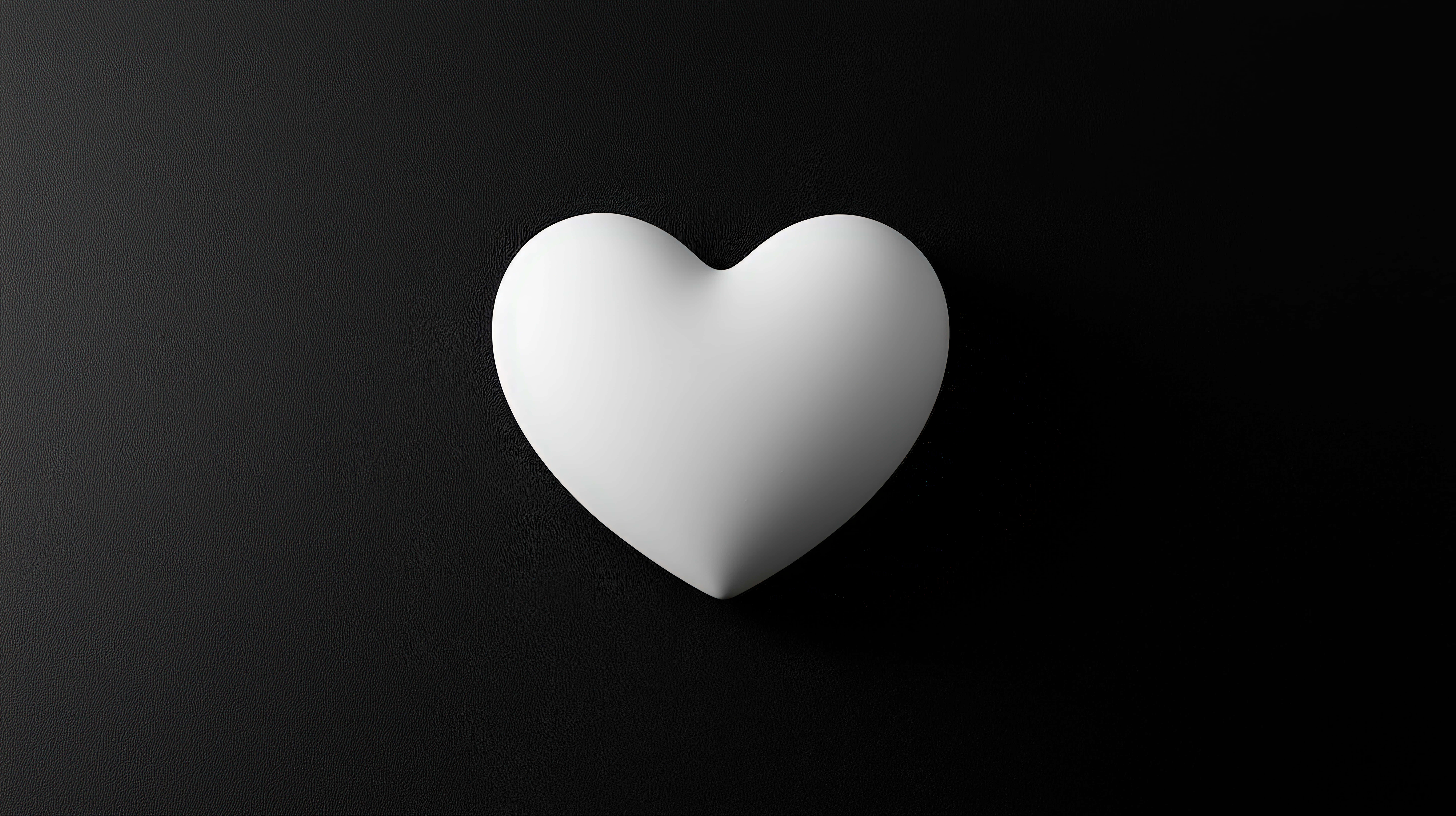 white heart, textured black surface, soft shadow, 8K Desktop Wallpaper