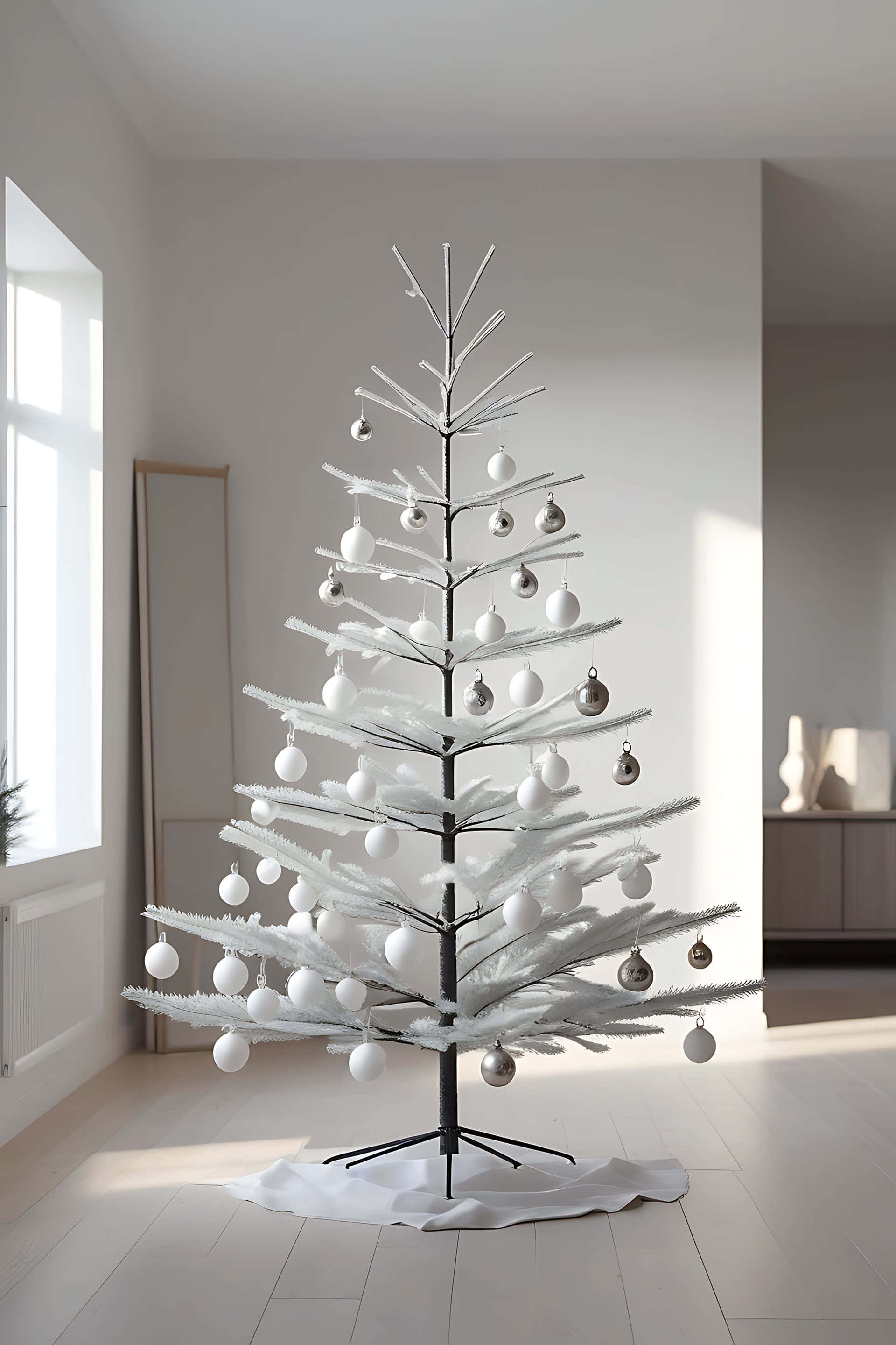 modern minimalist white christmas tree, white artificial Christmas tree, white and silver ornaments, 2K Phone Wallpaper