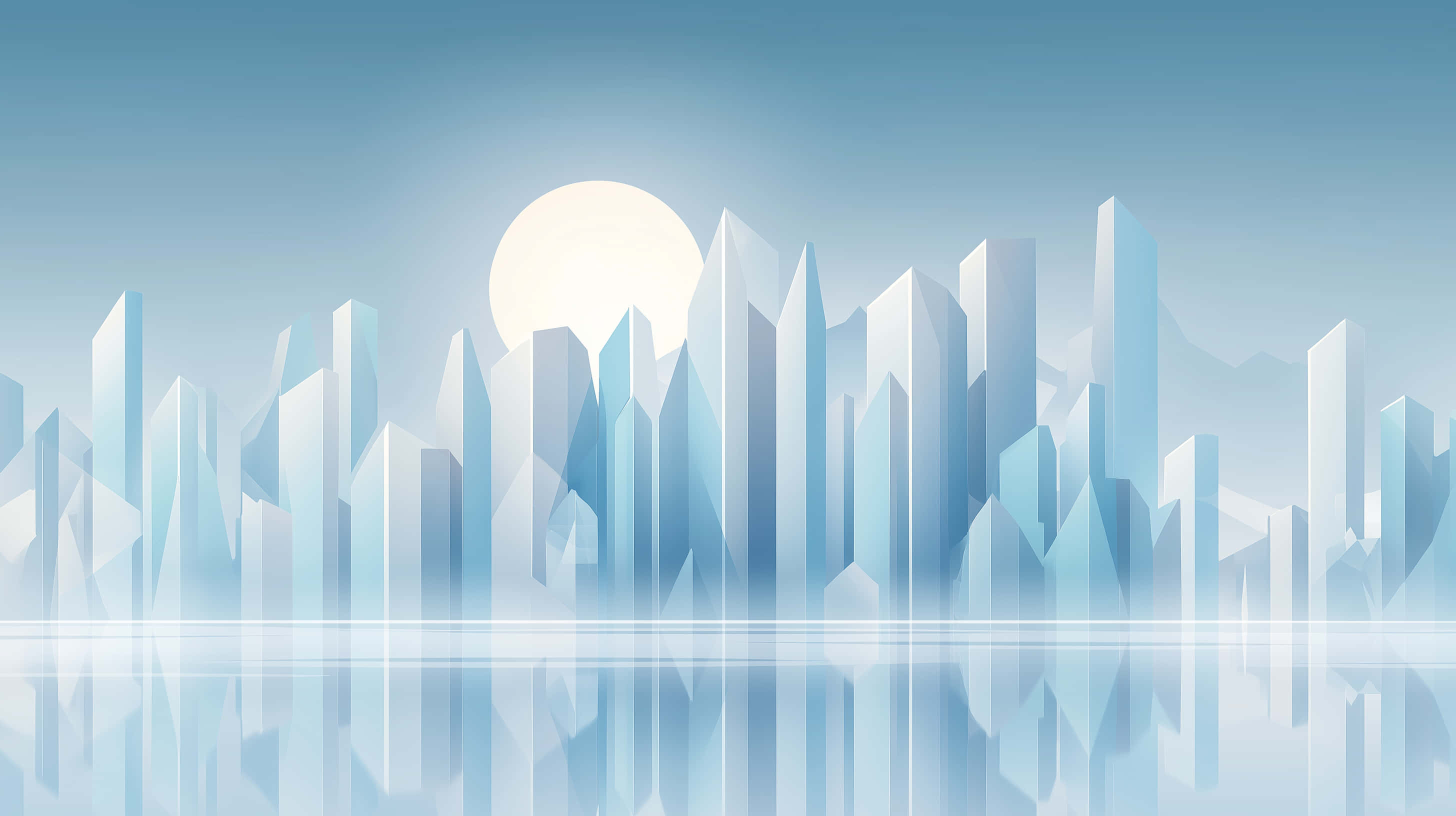 minimalist arctic cityscape, geometric crystal towers, crystalline blue skyscrapers, 2K Desktop Wallpaper