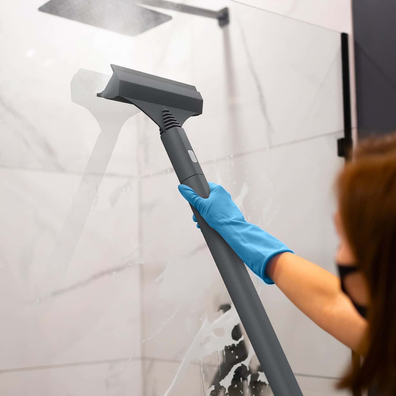 blue gloves, gray squeegee, white marble tiles, HD Desktop Wallpaper