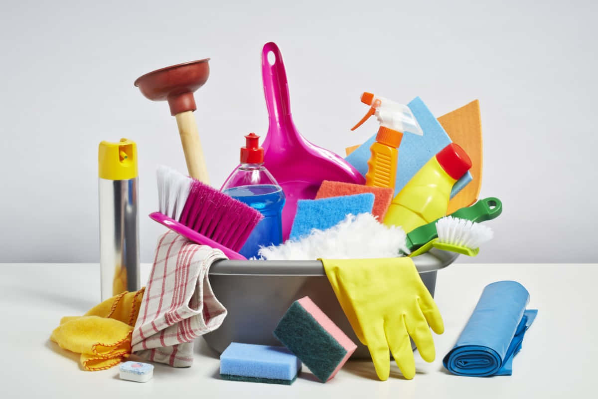 cleaning tool kit, metal bucket, colorful cleaning tools, SD Desktop Wallpaper