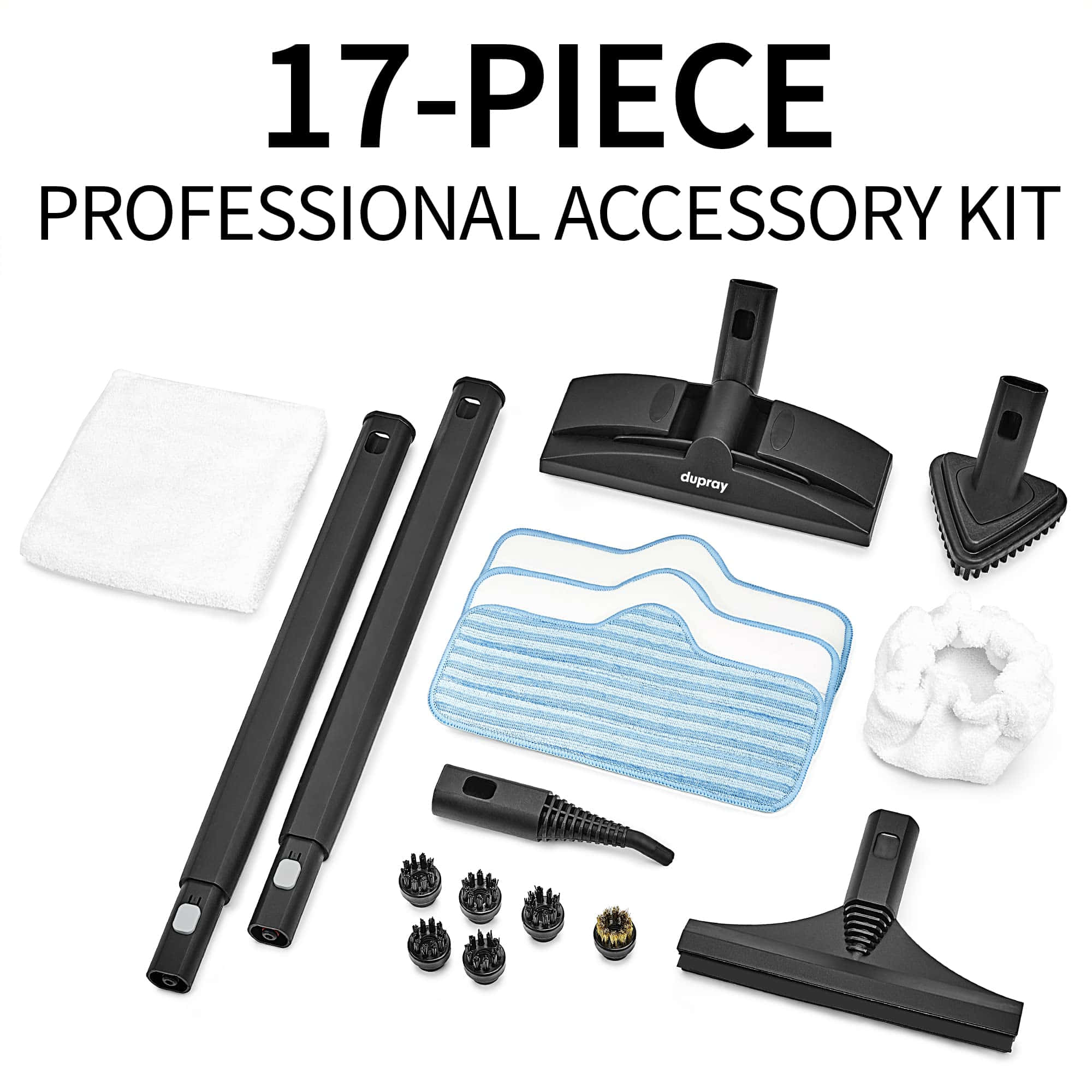 17-piece vacuum accessory kit, black tools, white blue microfiber cloths, Full HD Desktop Wallpaper