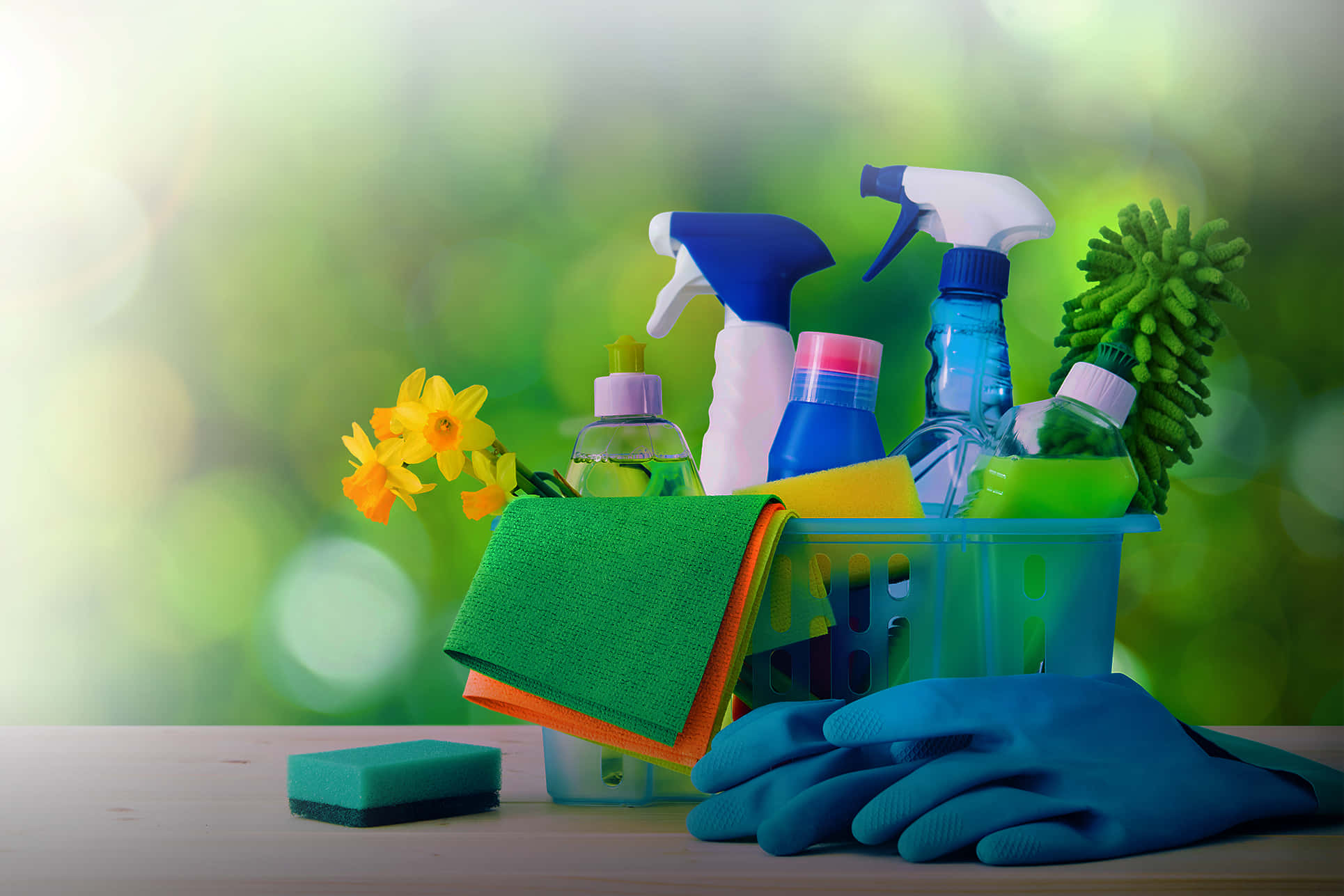 cleaning tools, colorful cleaning supplies, yellow daffodils, Full HD Desktop Wallpaper