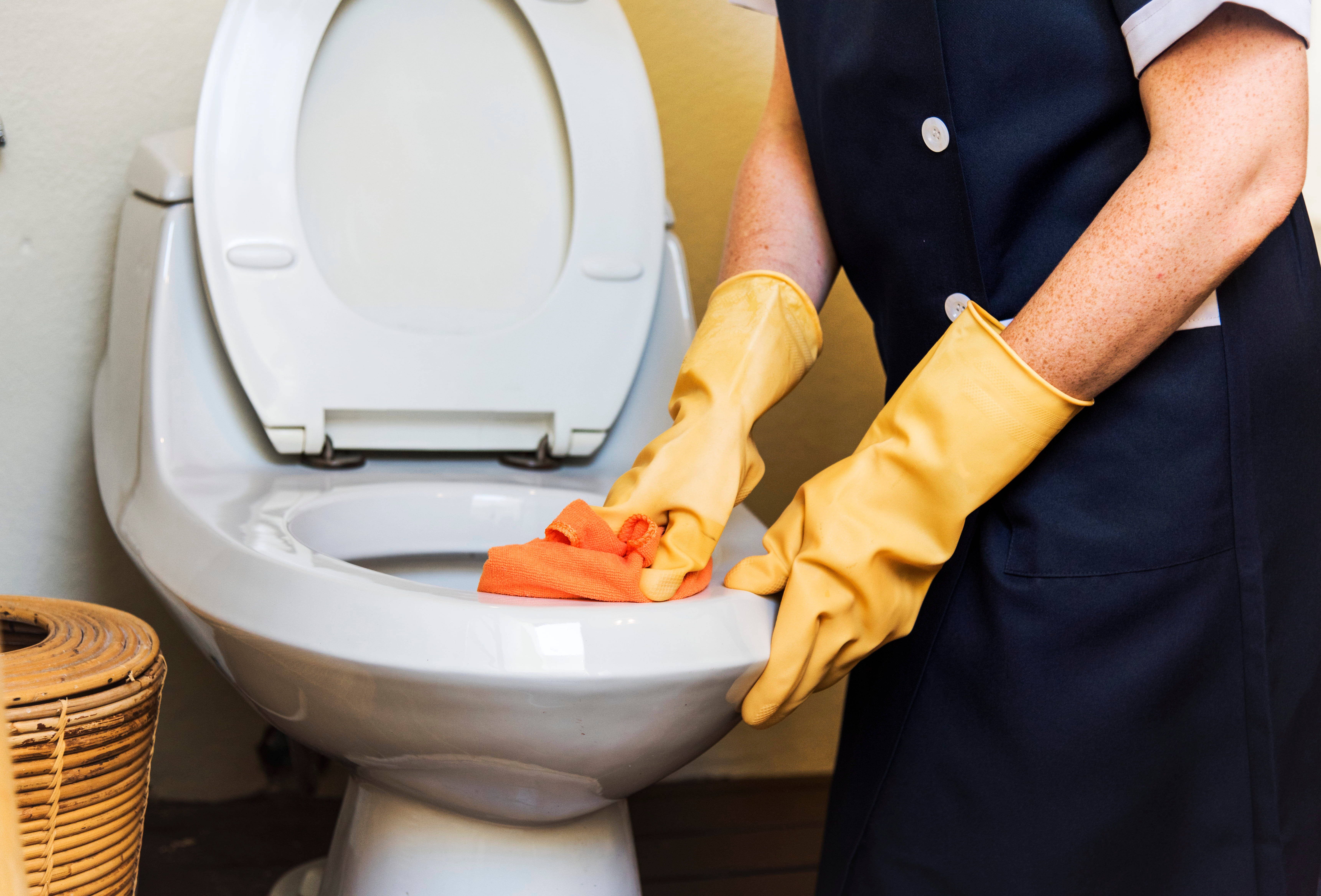 yellow gloves, white toilet, orange cloth, 5K Desktop Wallpaper