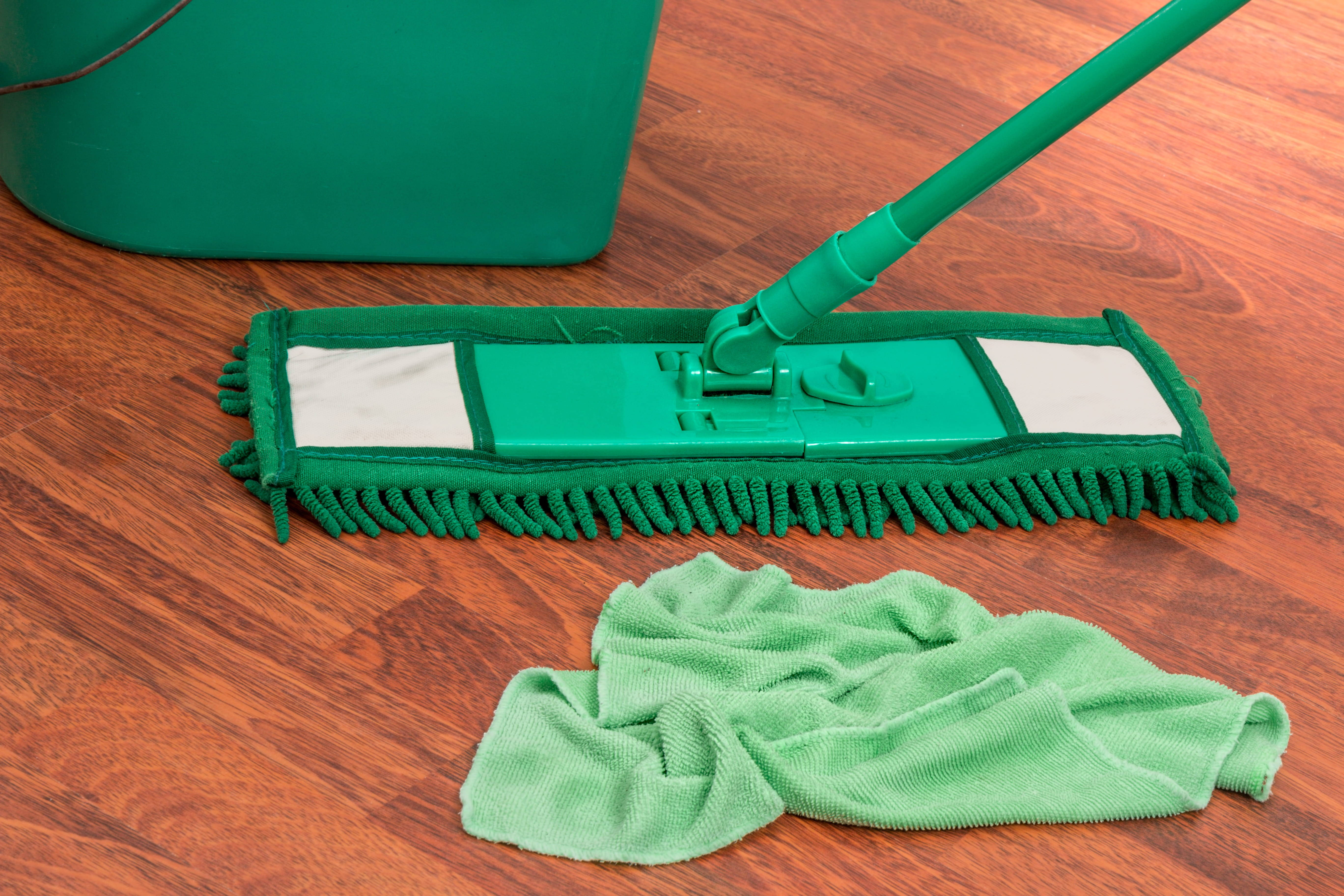 green microfiber mop, matching cloth, polished wooden floor, 5K Desktop Wallpaper