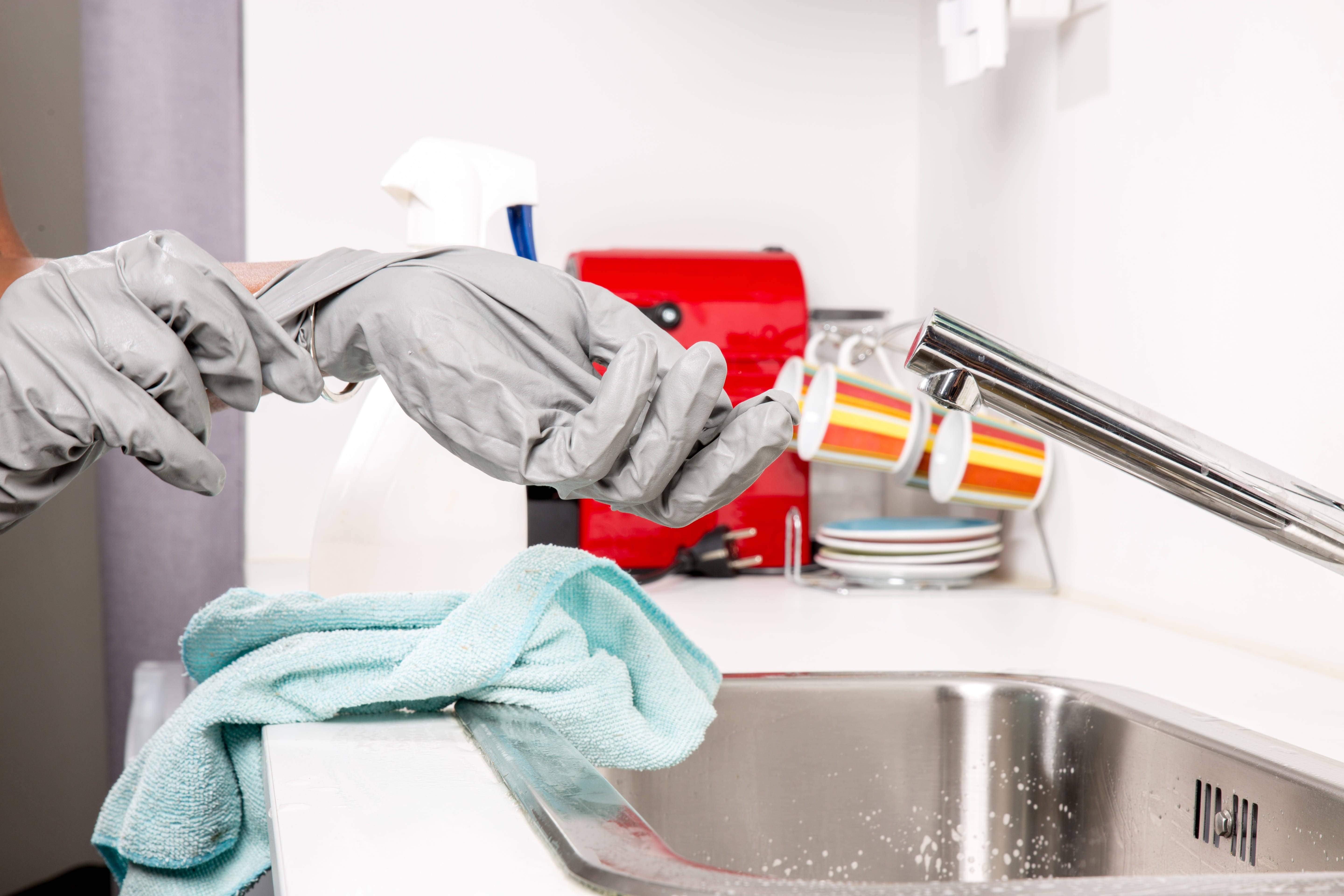 gray house cleaning gloves, sink, blue towel, 5K Desktop Wallpaper