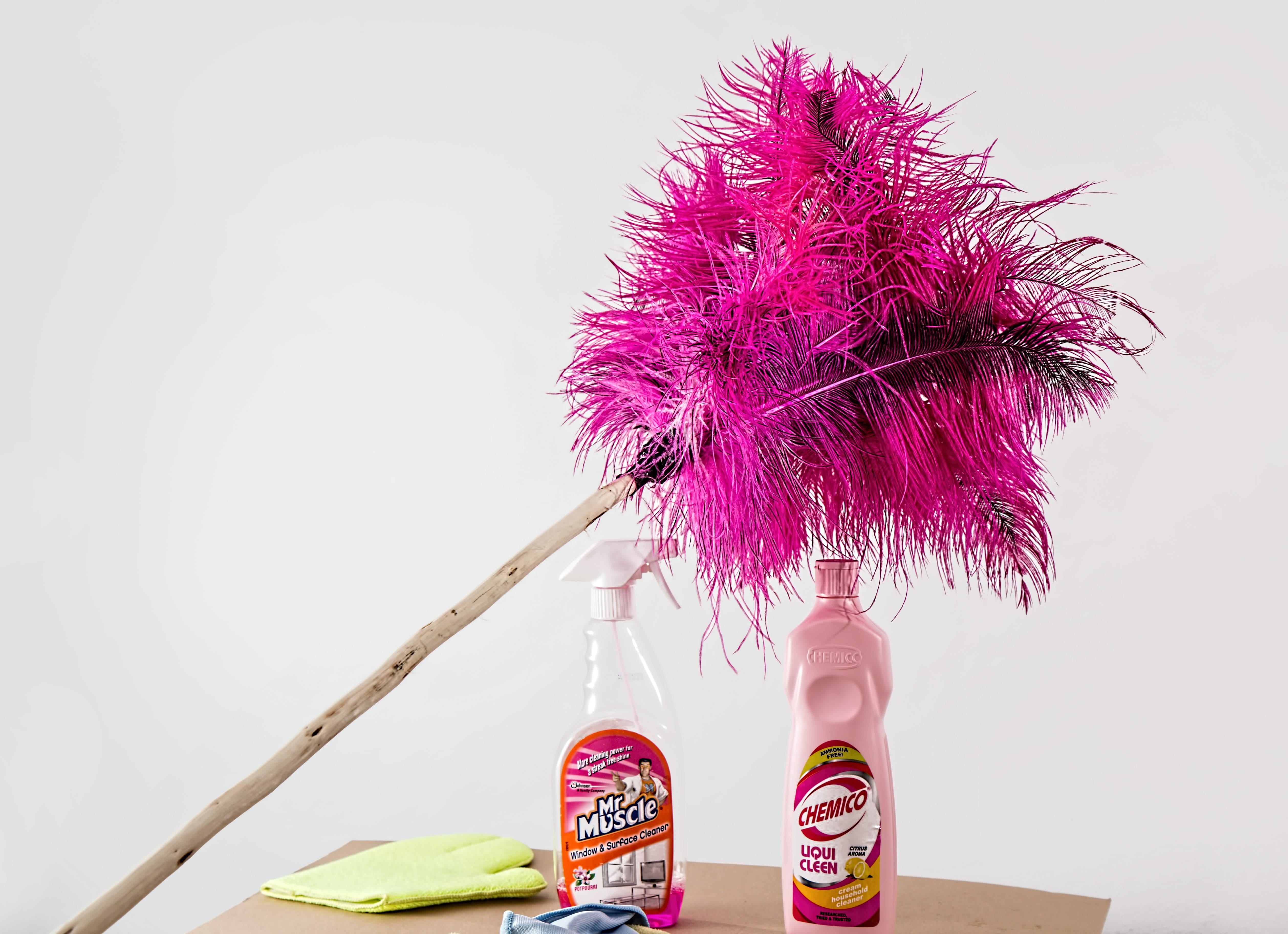 pink aesthetic, feather duster, cleaning products, 4K Desktop Wallpaper