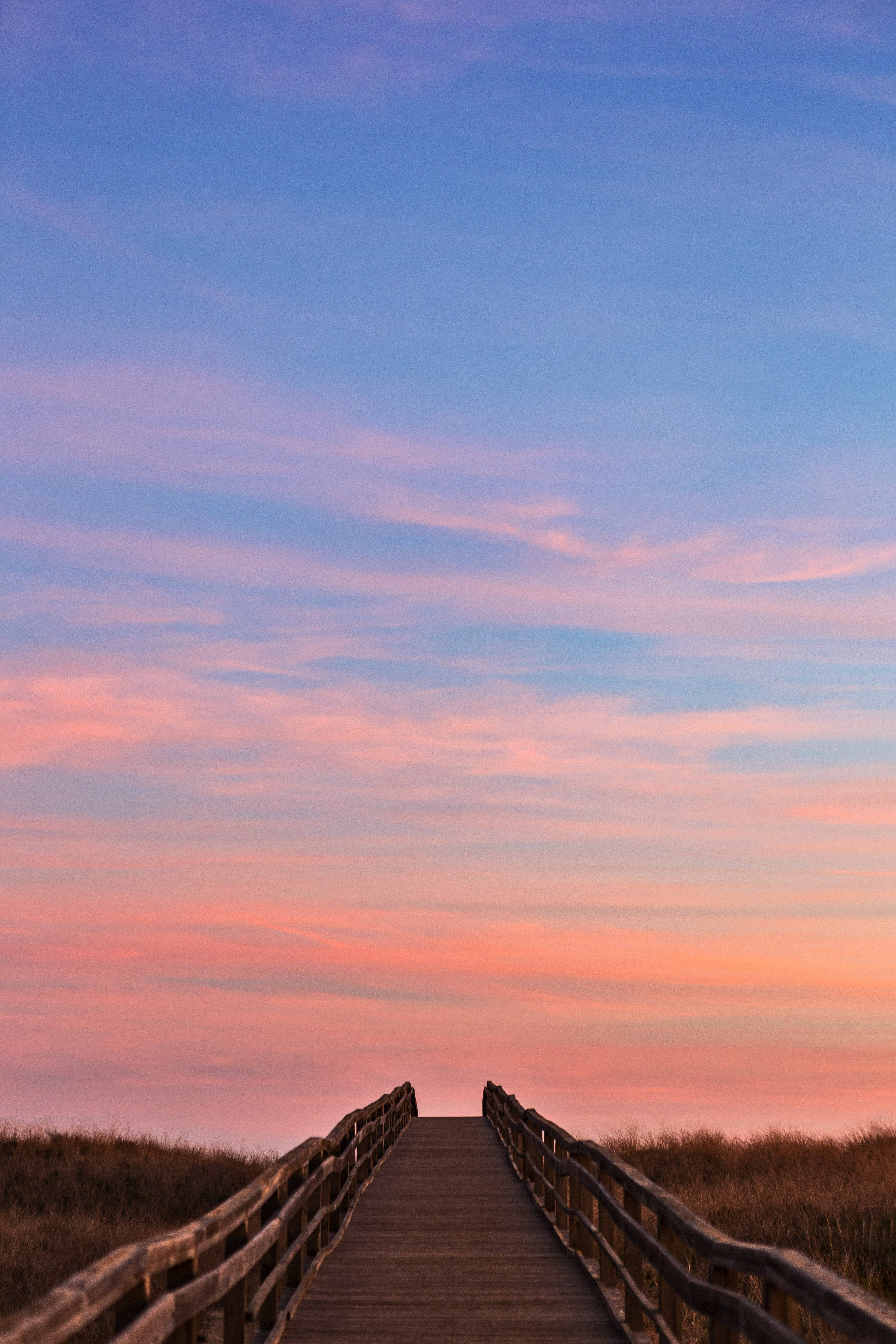 wooden boardwalk, horizon, vibrant pink and blue sunset sky, 5K Phone Wallpaper