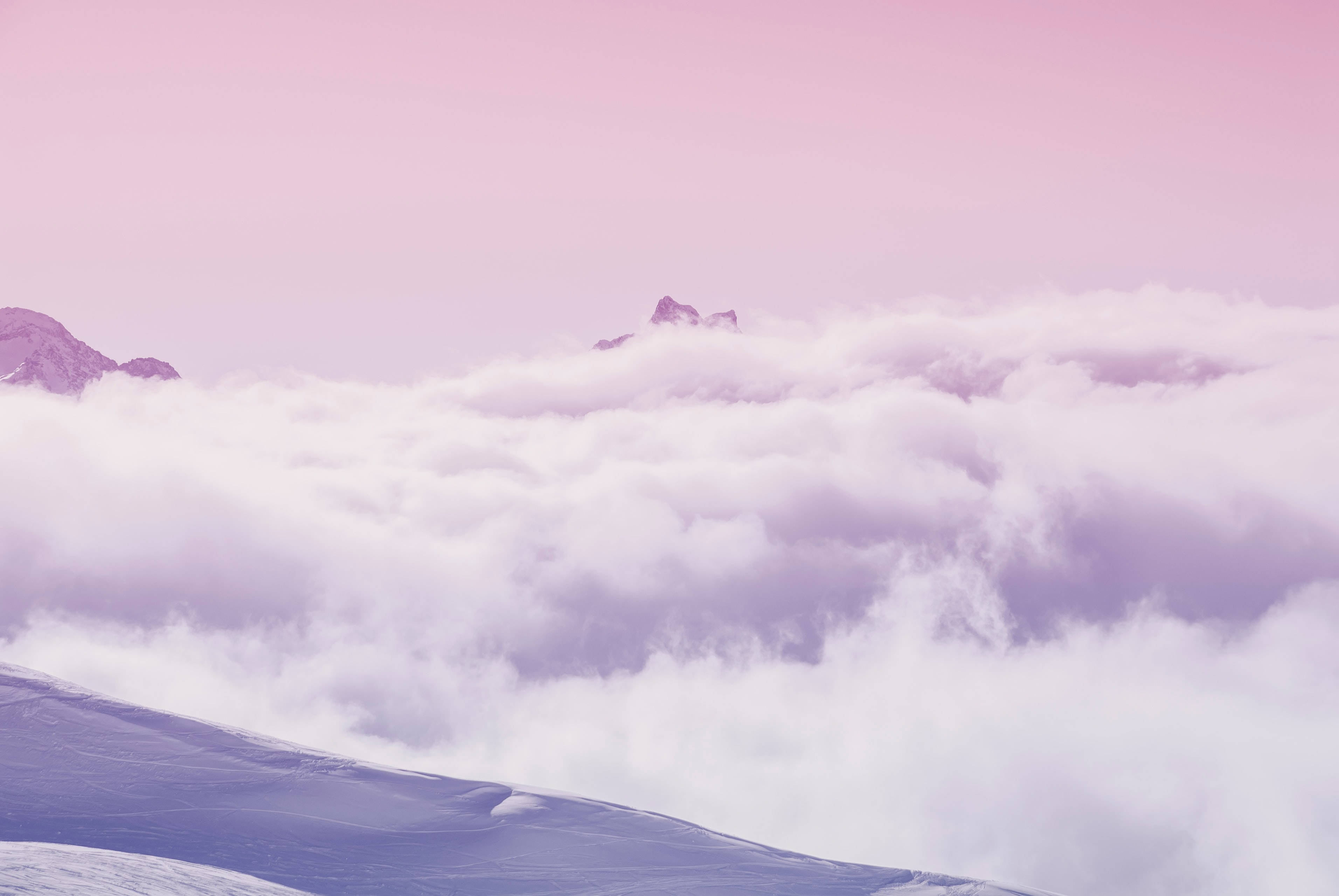 purple pastel aesthetic, cloudy mountain peak, soft lavender clouds, 2K Desktop Wallpaper