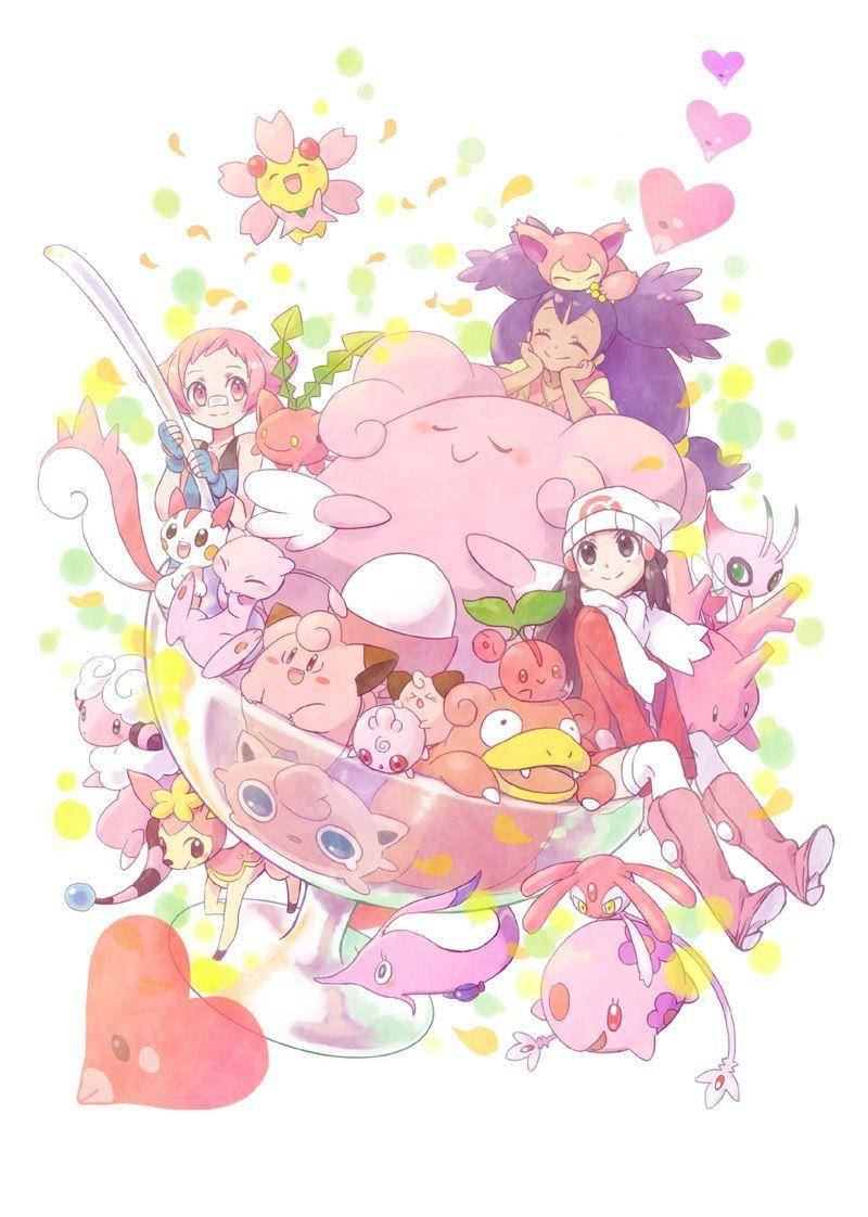 Clefairy, giant pink dessert bowl, pastel confetti, SD Phone Wallpaper