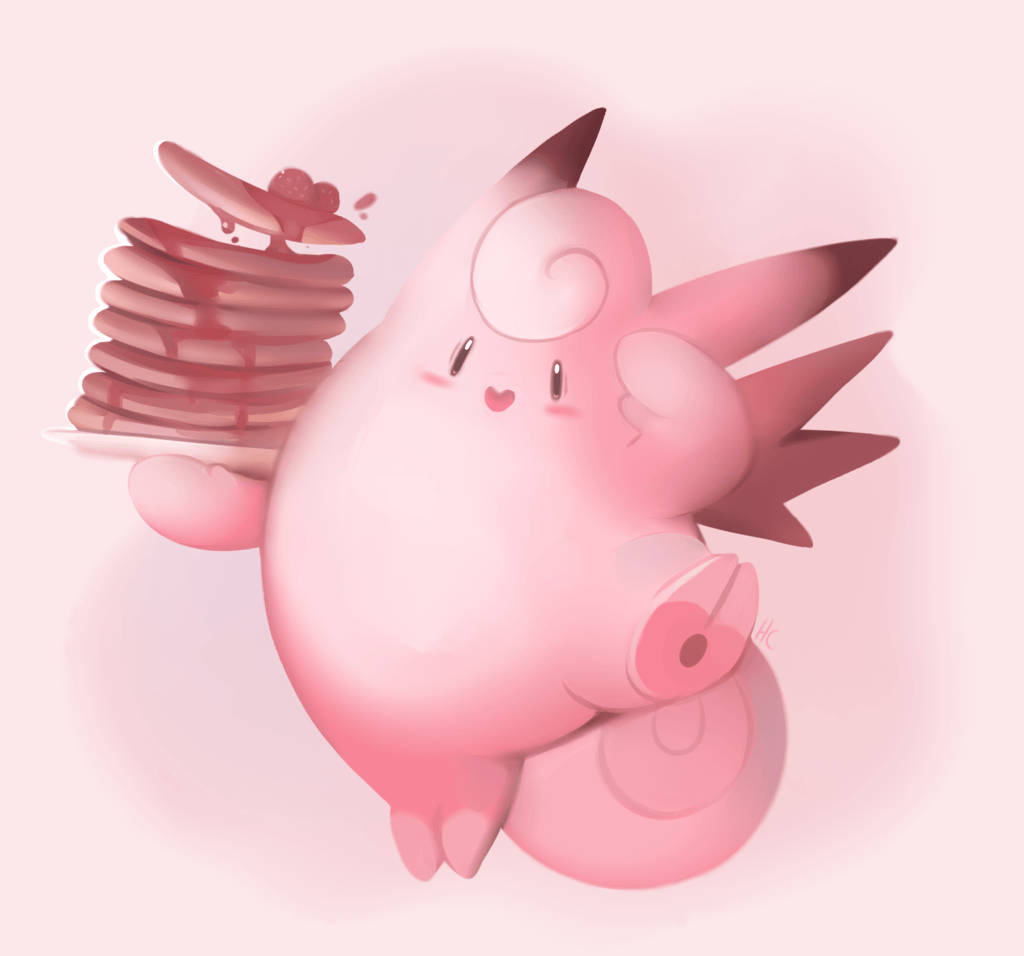 Clefairy, pink cartoon character, stack of pancakes, SD Desktop Wallpaper