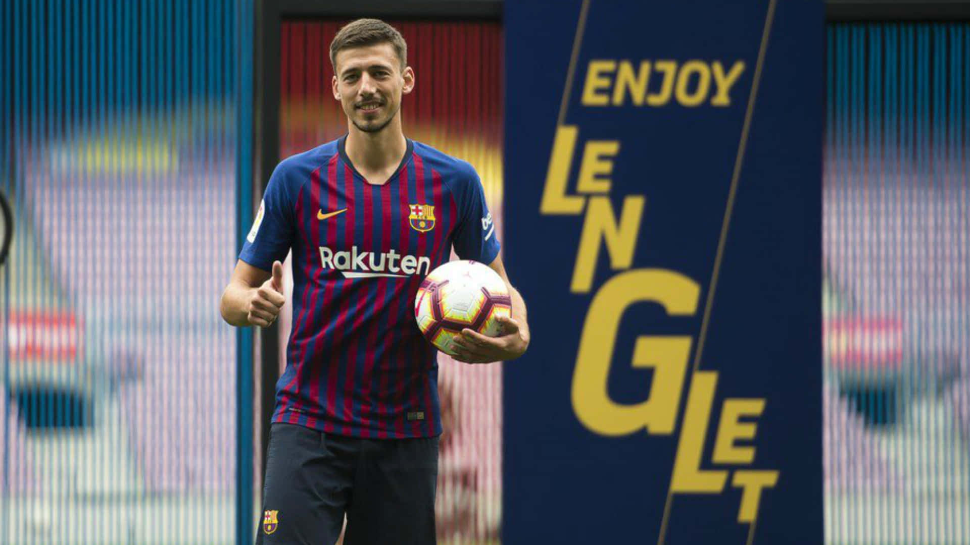 Clément Lenglet, blue and red striped jersey, soccer ball, Full HD Desktop Wallpaper