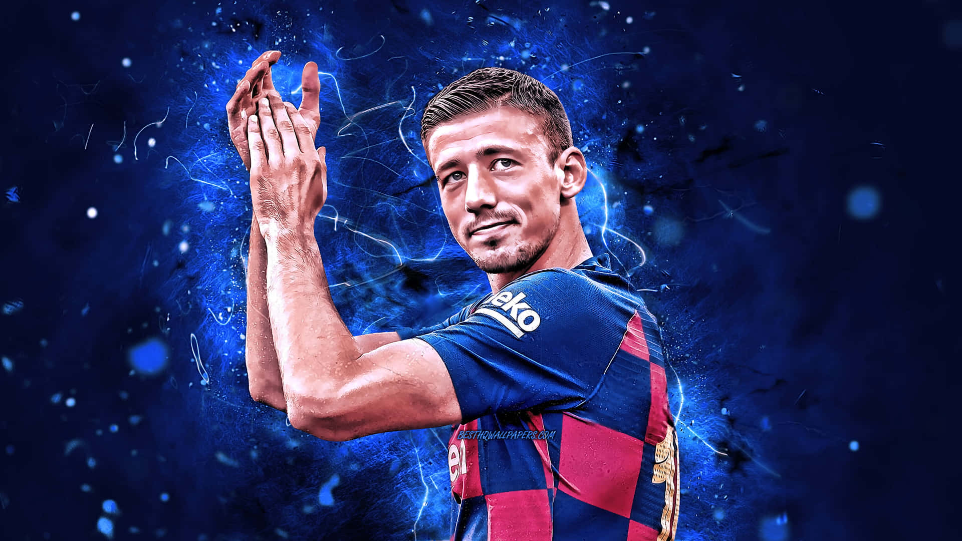 Clément Lenglet, blue and red checkered jersey, vibrant electric blue cosmic background, Full HD Desktop Wallpaper