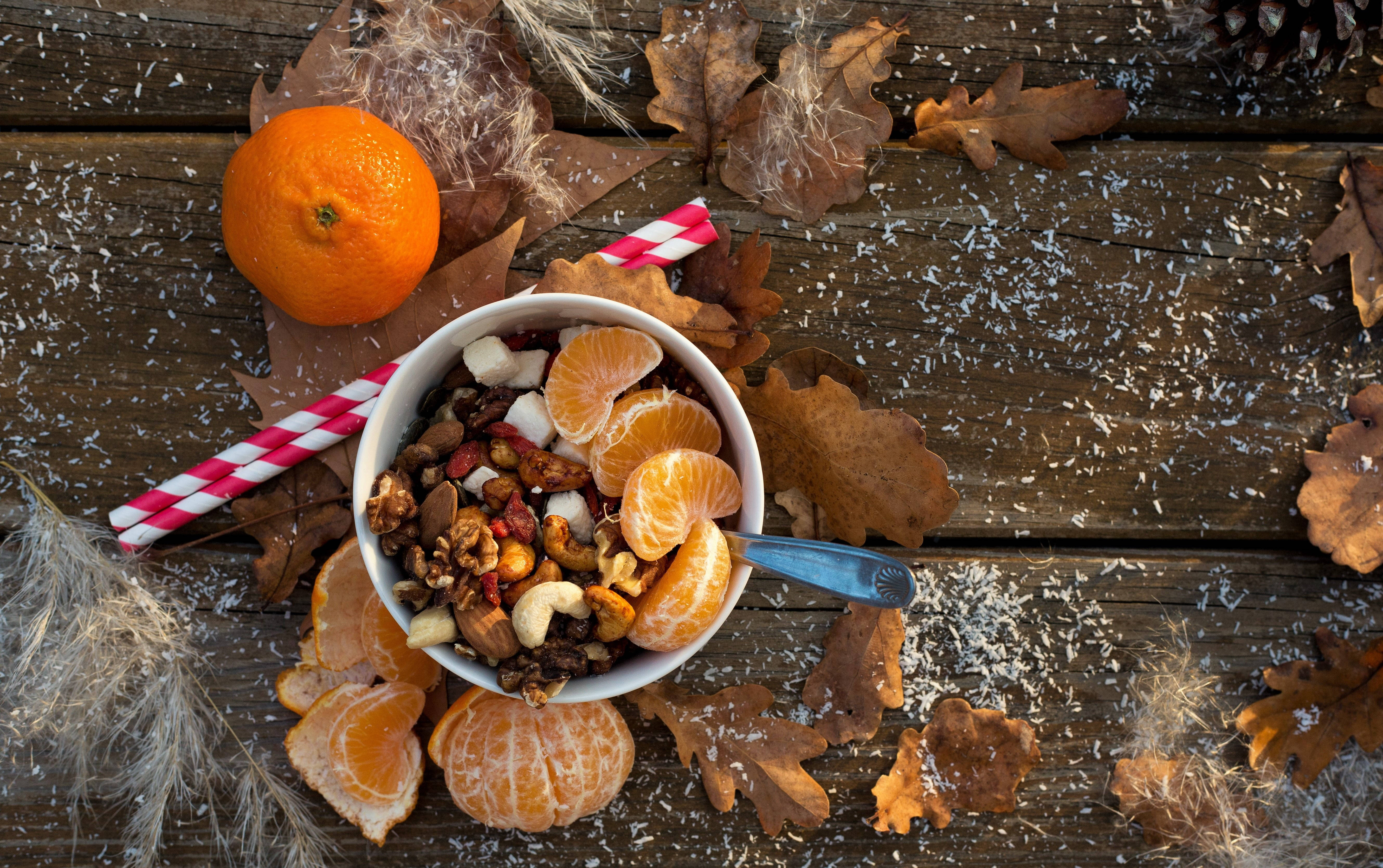 Clementine, autumn leaves, pinecones, 5K Desktop Wallpaper