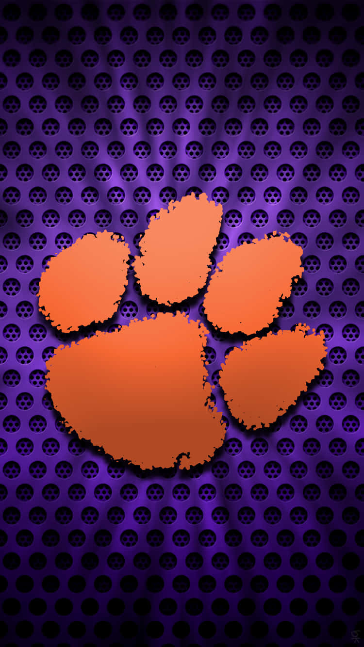 Clemson iPhone, orange tiger paw logo, textured purple perforated metal background, HD Phone Wallpaper