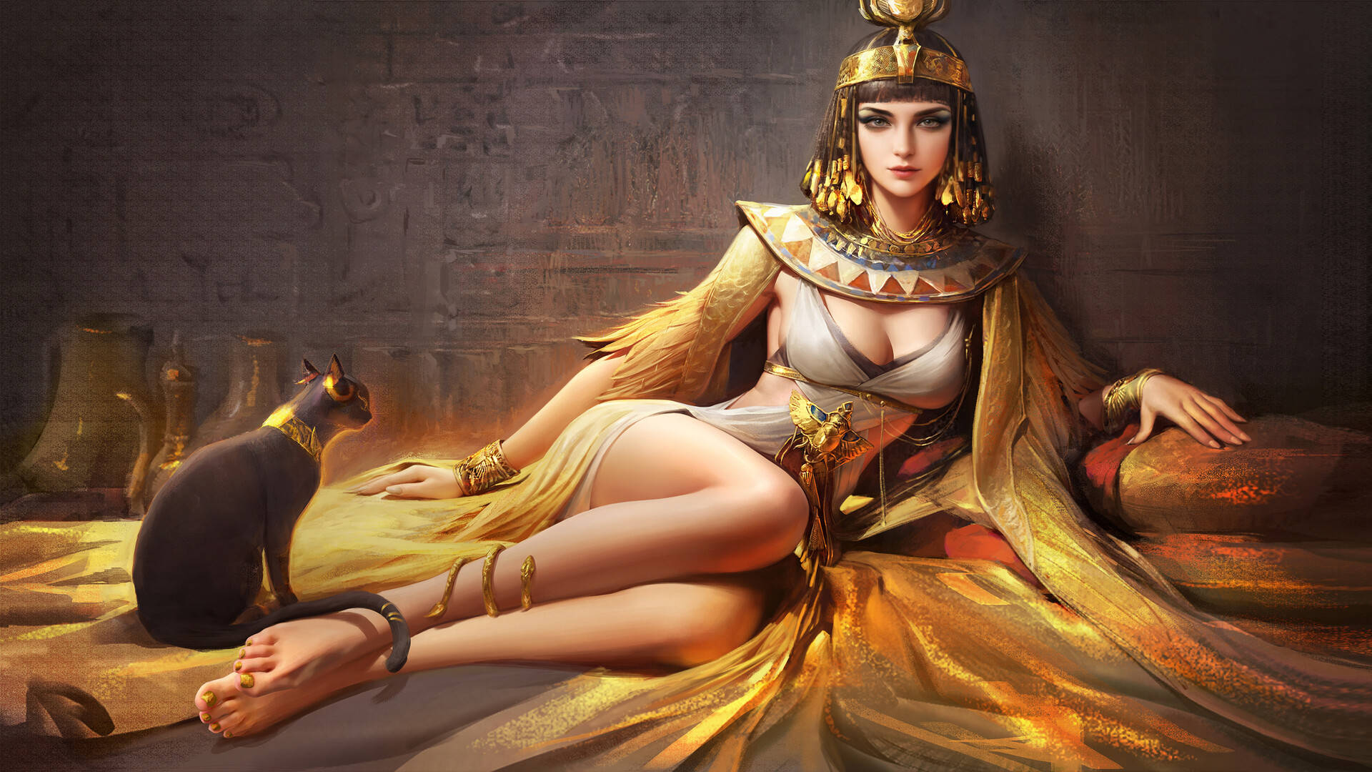 Cleopatra, black cat, golden regalia, Full HD Desktop Wallpaper