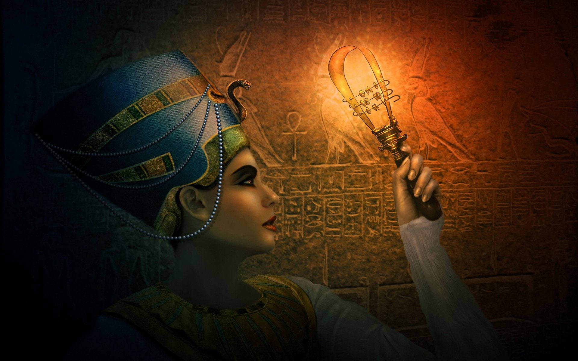 Cleopatra, regal blue headdress, glowing vintage lightbulb, Full HD Desktop Wallpaper