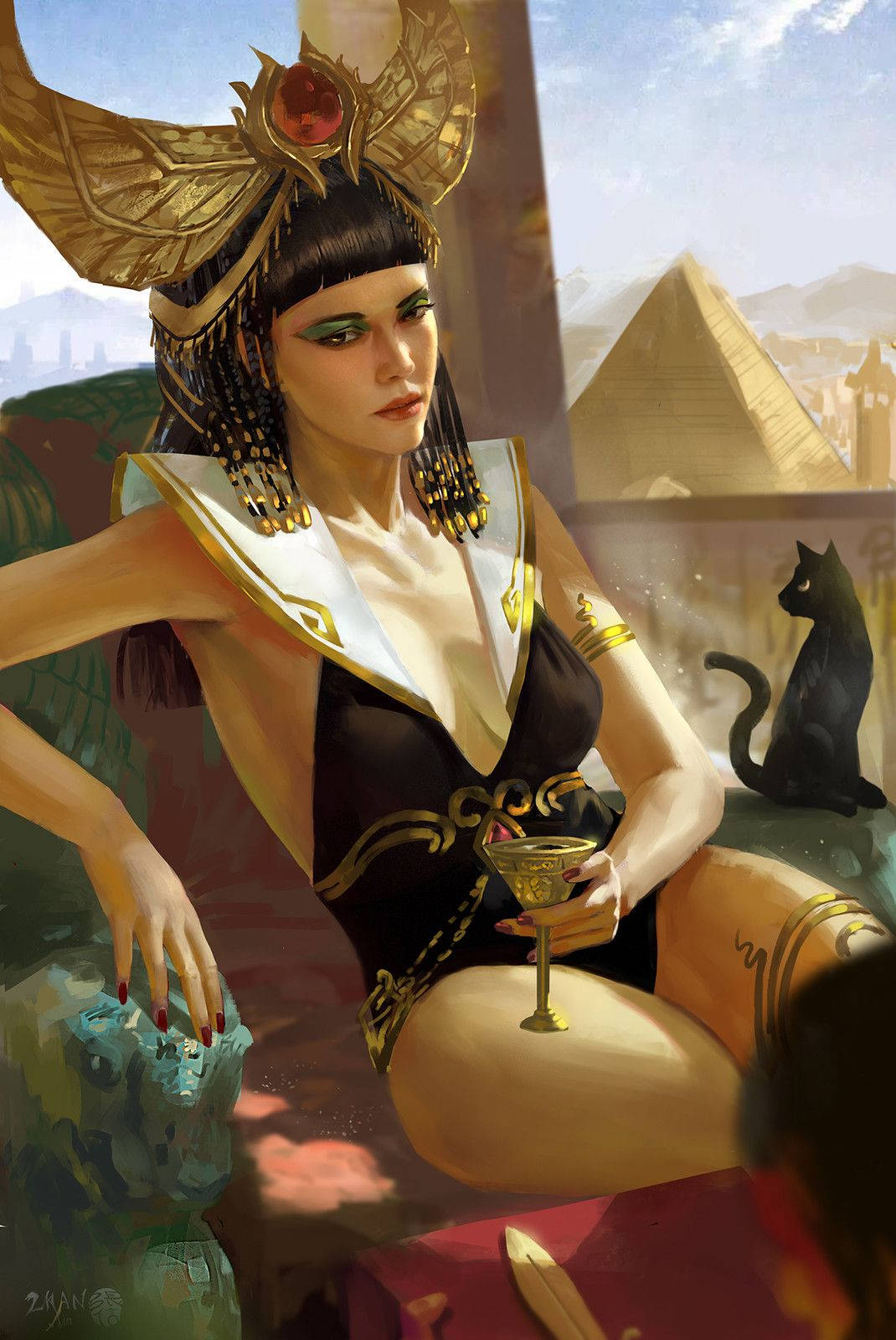 Cleopatra, golden headdress, cat companion, HD Phone Wallpaper