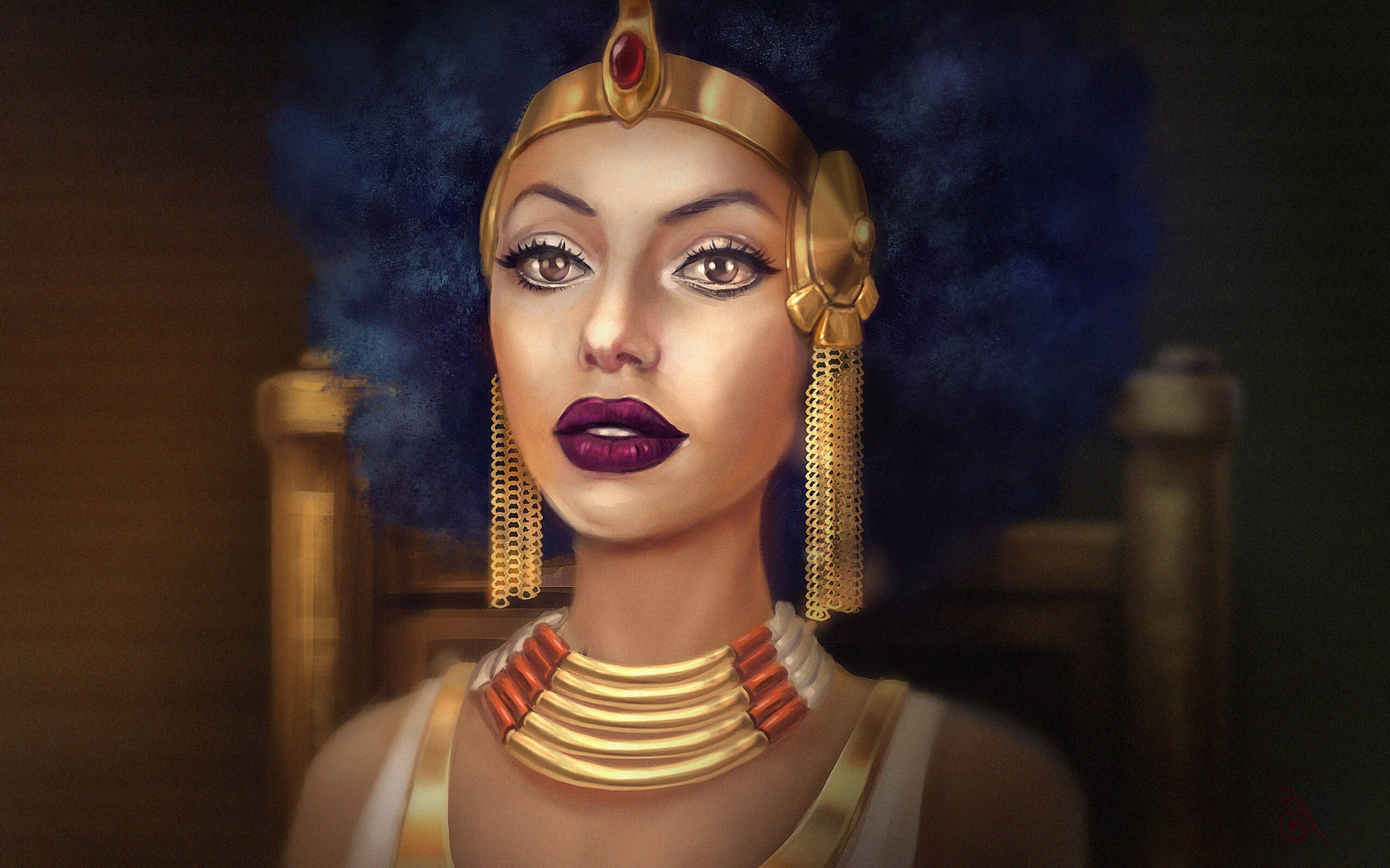 Cleopatra, blue afro, gold jewelry, 2K Desktop Wallpaper