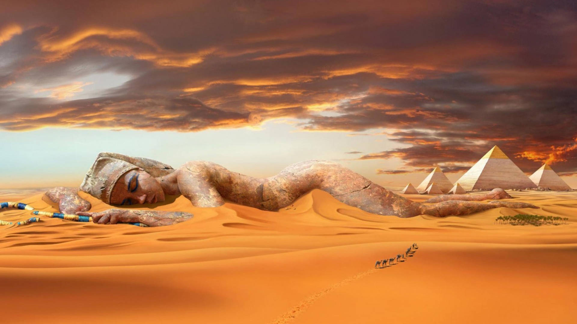 Cleopatra, desert dunescape, pyramids, Full HD Desktop Wallpaper