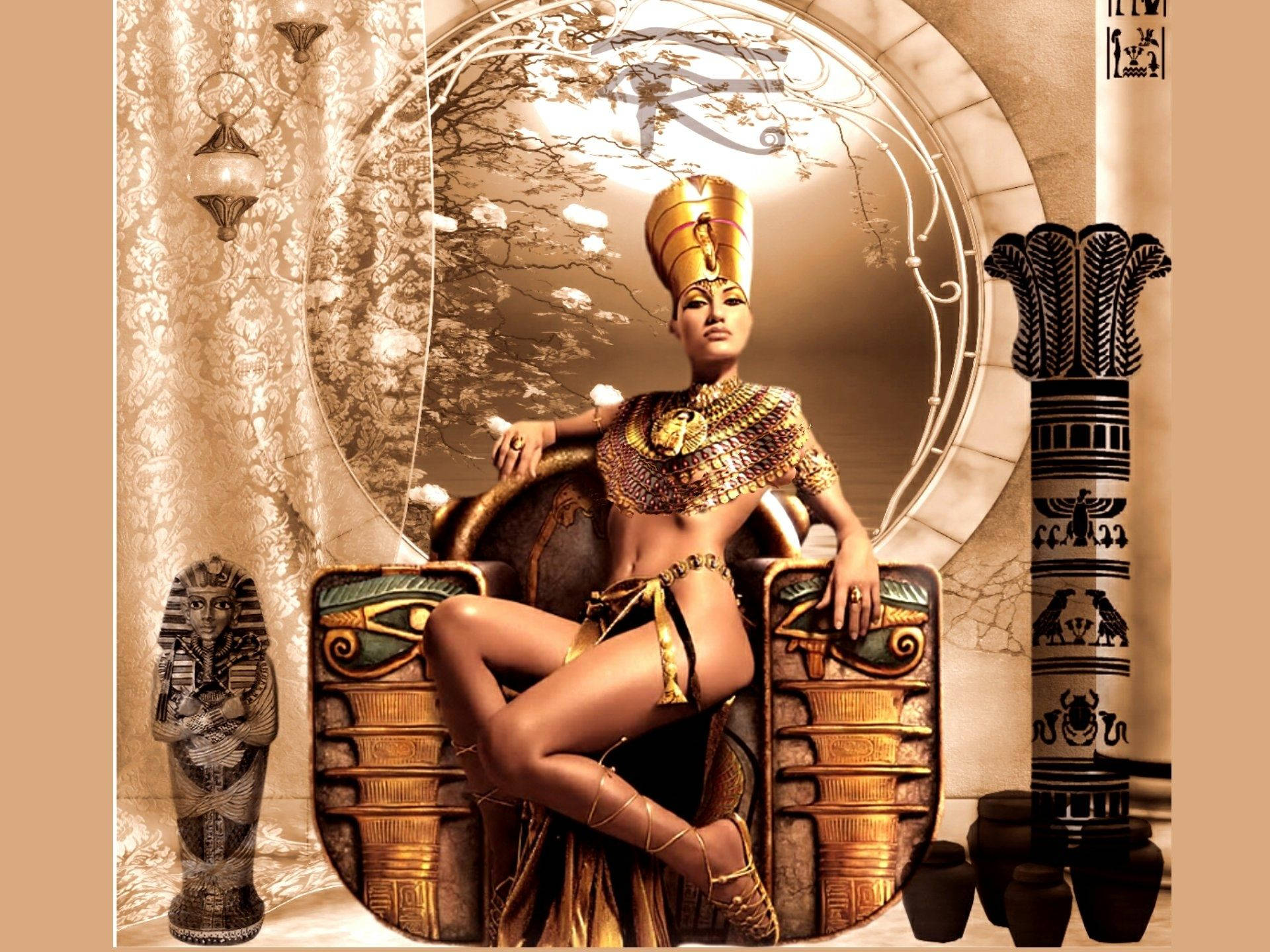 Cleopatra, golden headdress, jewelry, Full HD Desktop Wallpaper