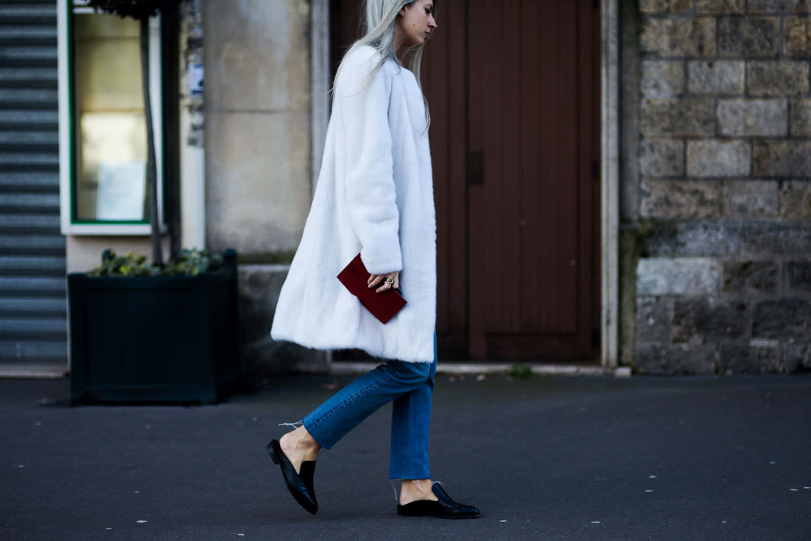 Clergerie, white fluffy coat, blue jeans, HD Desktop Wallpaper