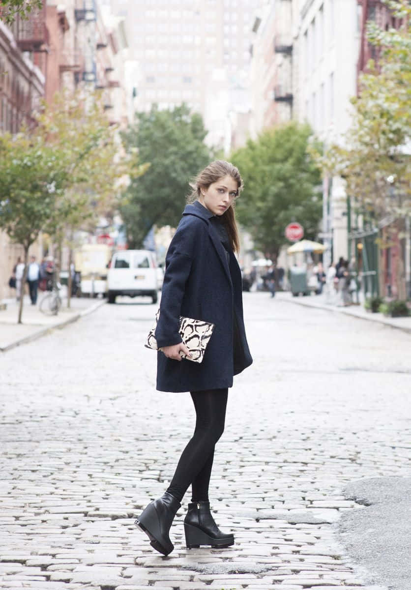 Clergerie, high heeled boots, navy coat, SD Phone Wallpaper
