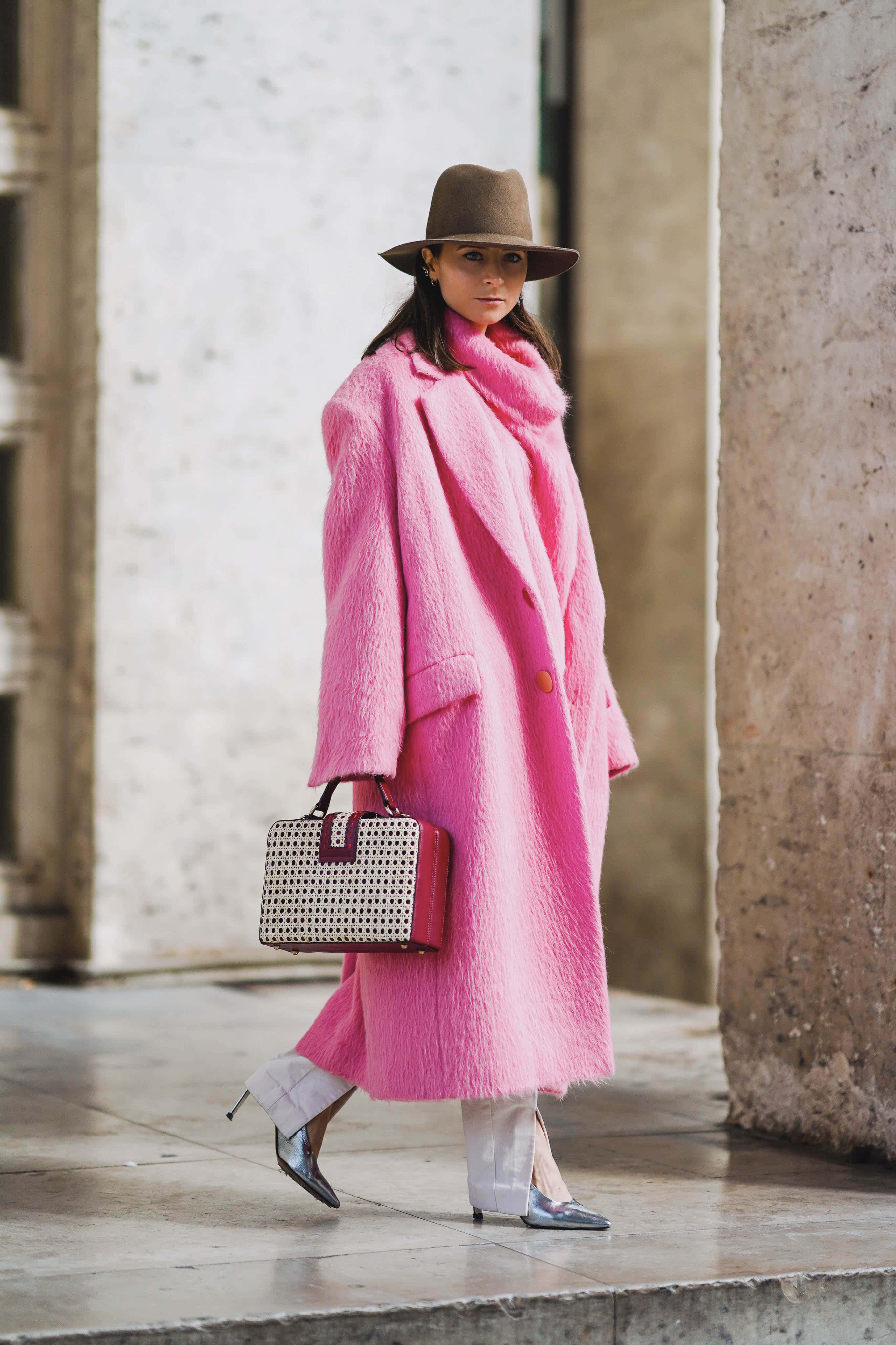 Clergerie, heels, vibrant pink fuzzy coat, 4K Phone Wallpaper