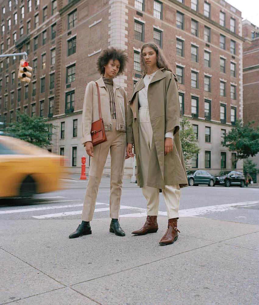 Clergerie, brown and black shoes, beige trench coats, SD Phone Wallpaper