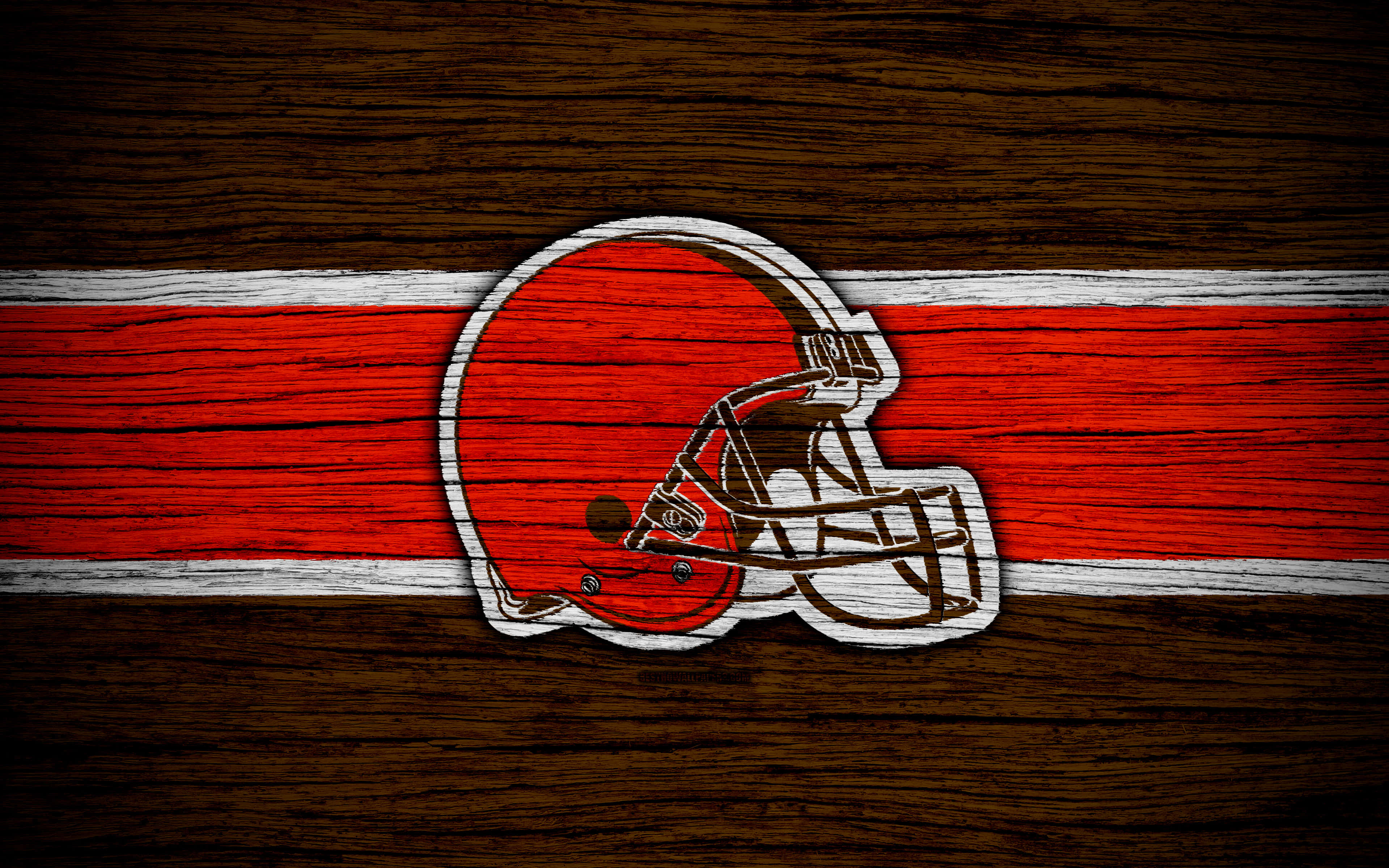 Cleveland Browns Logo, red and brown football helmet, wooden background, 4K Desktop Wallpaper